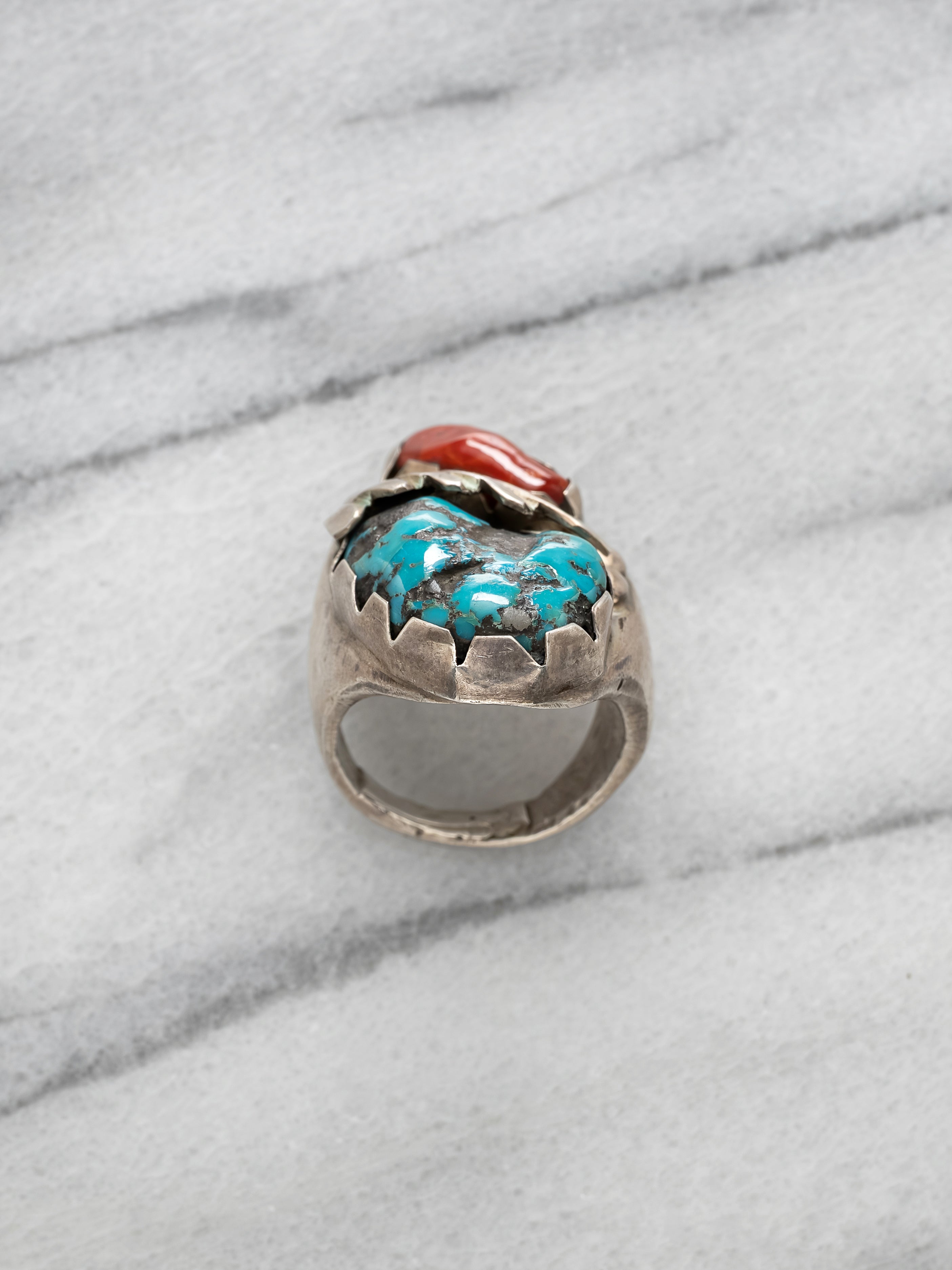 Navajo Sterling Silver Turquoise and Coral Ring