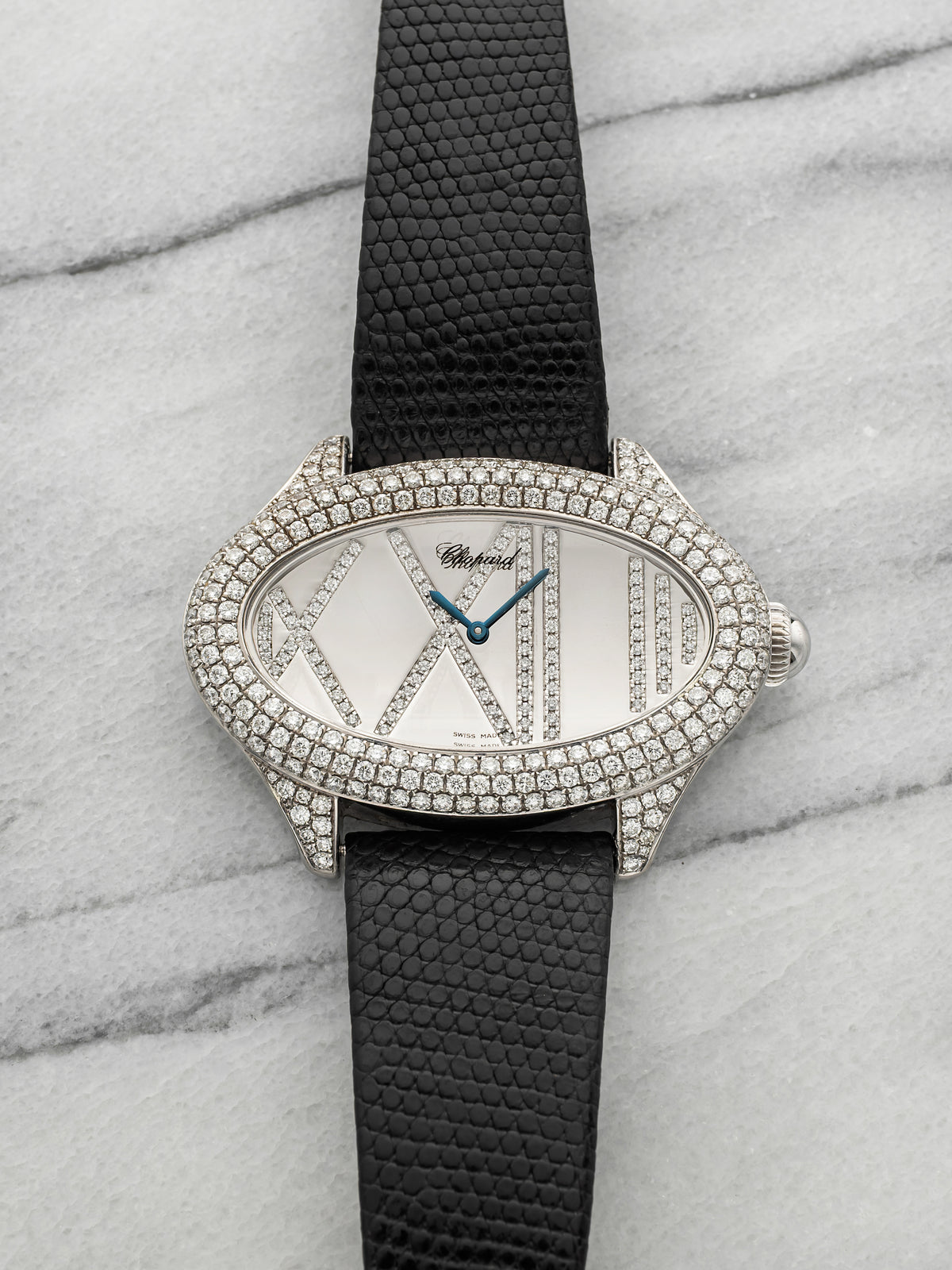 Vintage 1990s Chopard Montres Dame "Cat Eye" 13/7146/403 18K WG Diamond 53mm