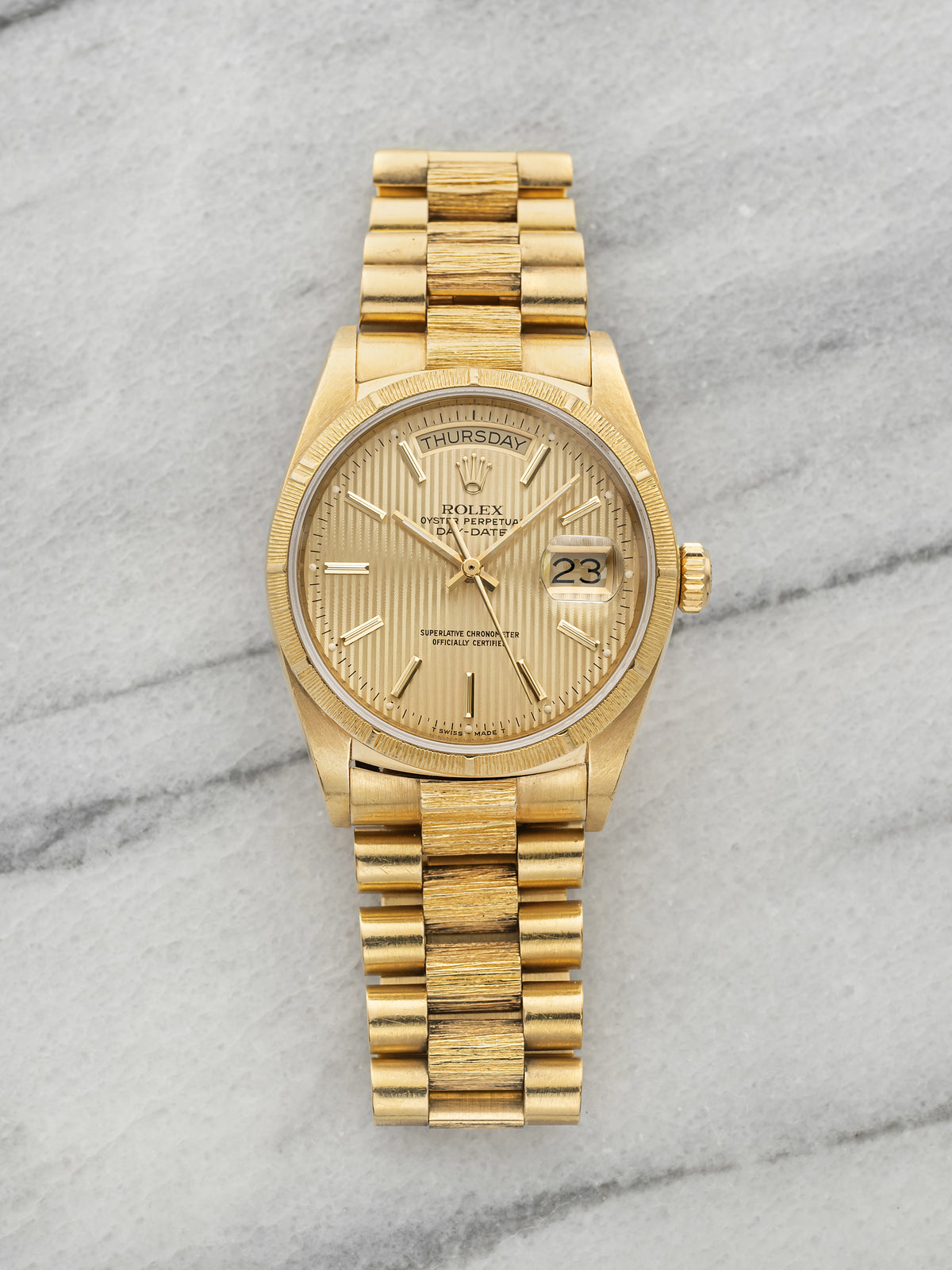 Vintage 1985 Rolex Day-Date 18078 18K YG Bark Finish Tapestry Dial Auto 36mm