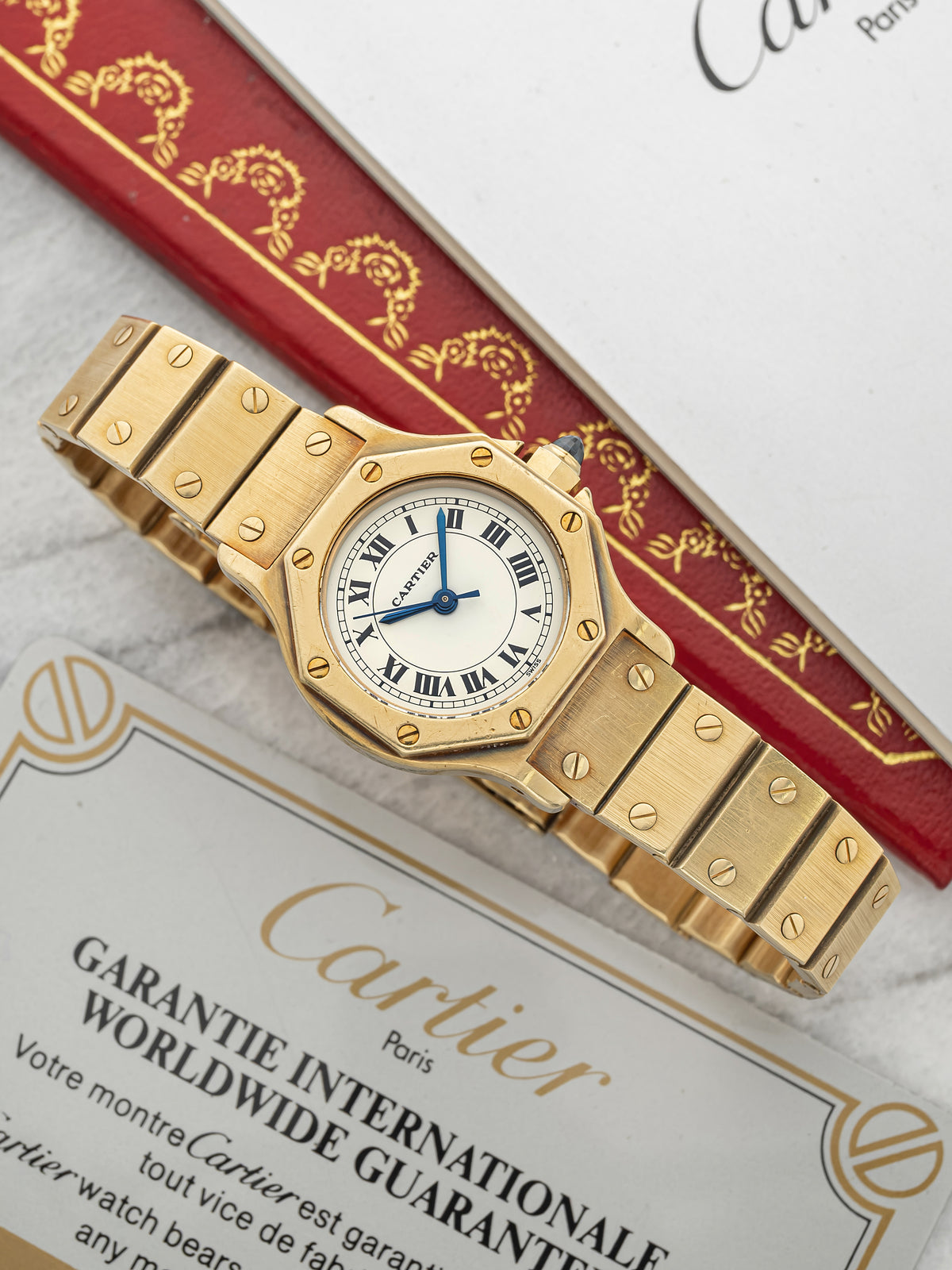 Vintage 1979 Cartier Lady Santos Octagonal 0906 18K YG White Roman Auto 24mm