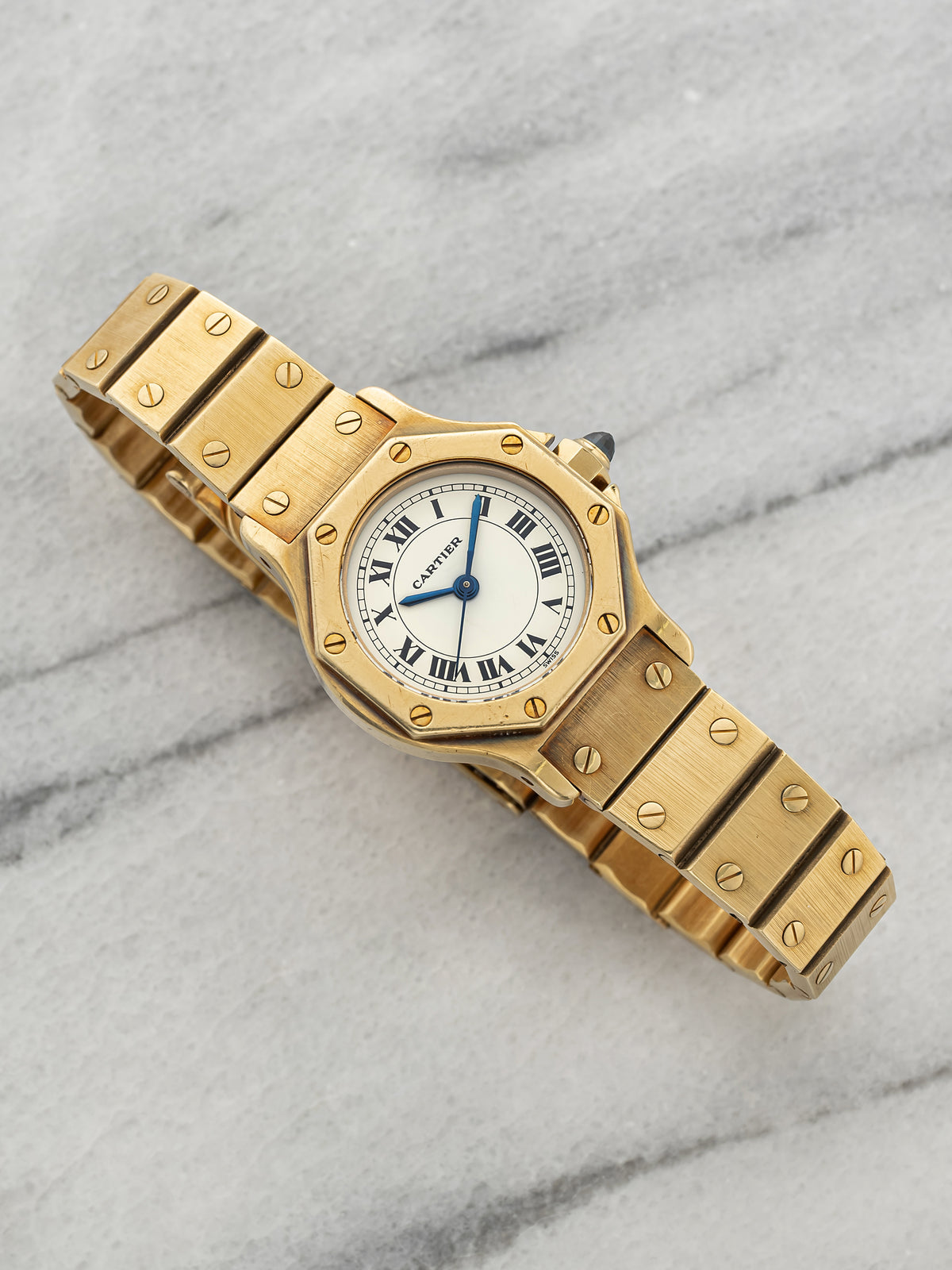 Vintage 1979 Cartier Lady Santos Octagonal 0906 18K YG White Roman Auto 24mm