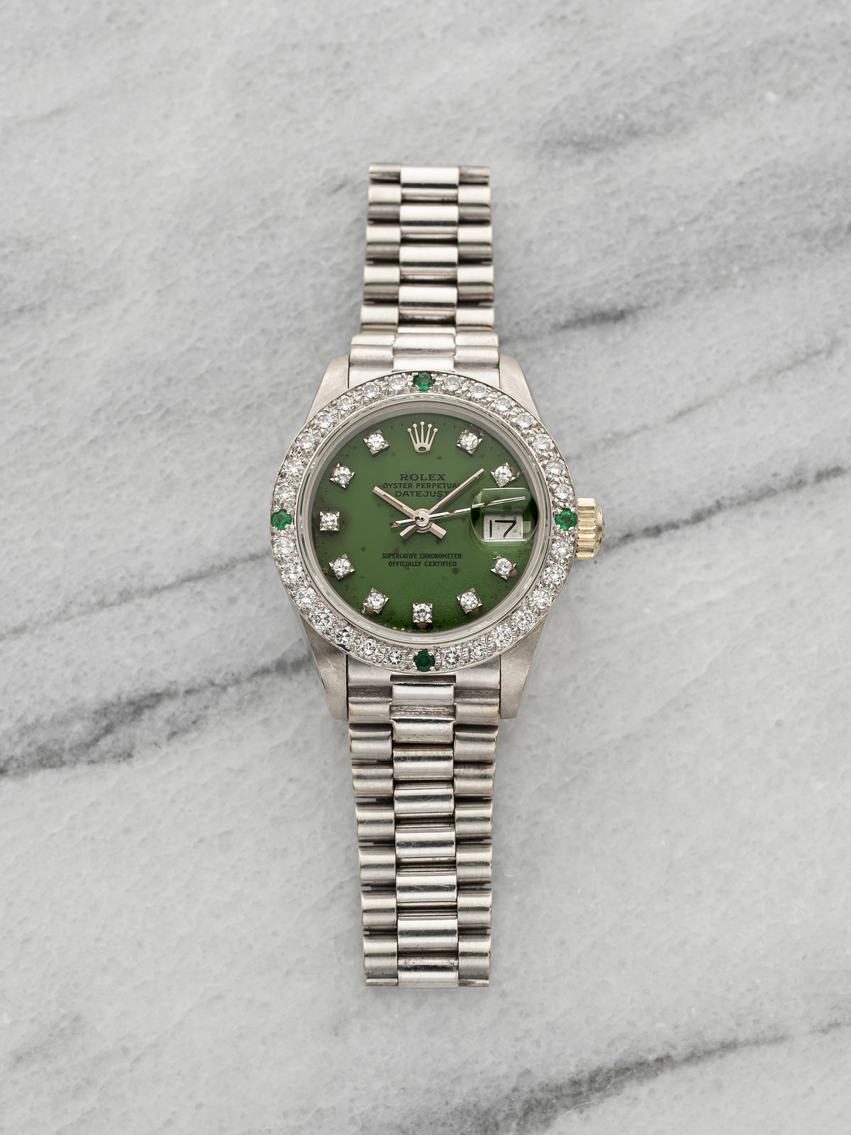 Vintage 1978 Rolex Lady Datejust 6907 18K WG Green Stella Diamond Dial Auto 26mm