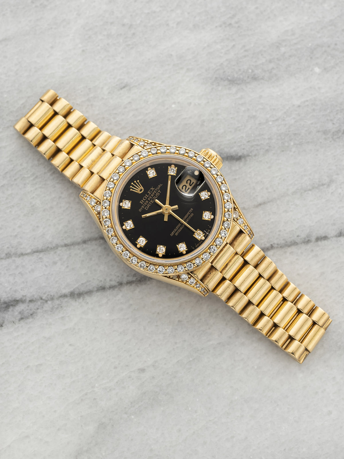 Vintage 1990 Rolex Lady Datejust President 69158 18K YG Black Diamond Dial 26mm