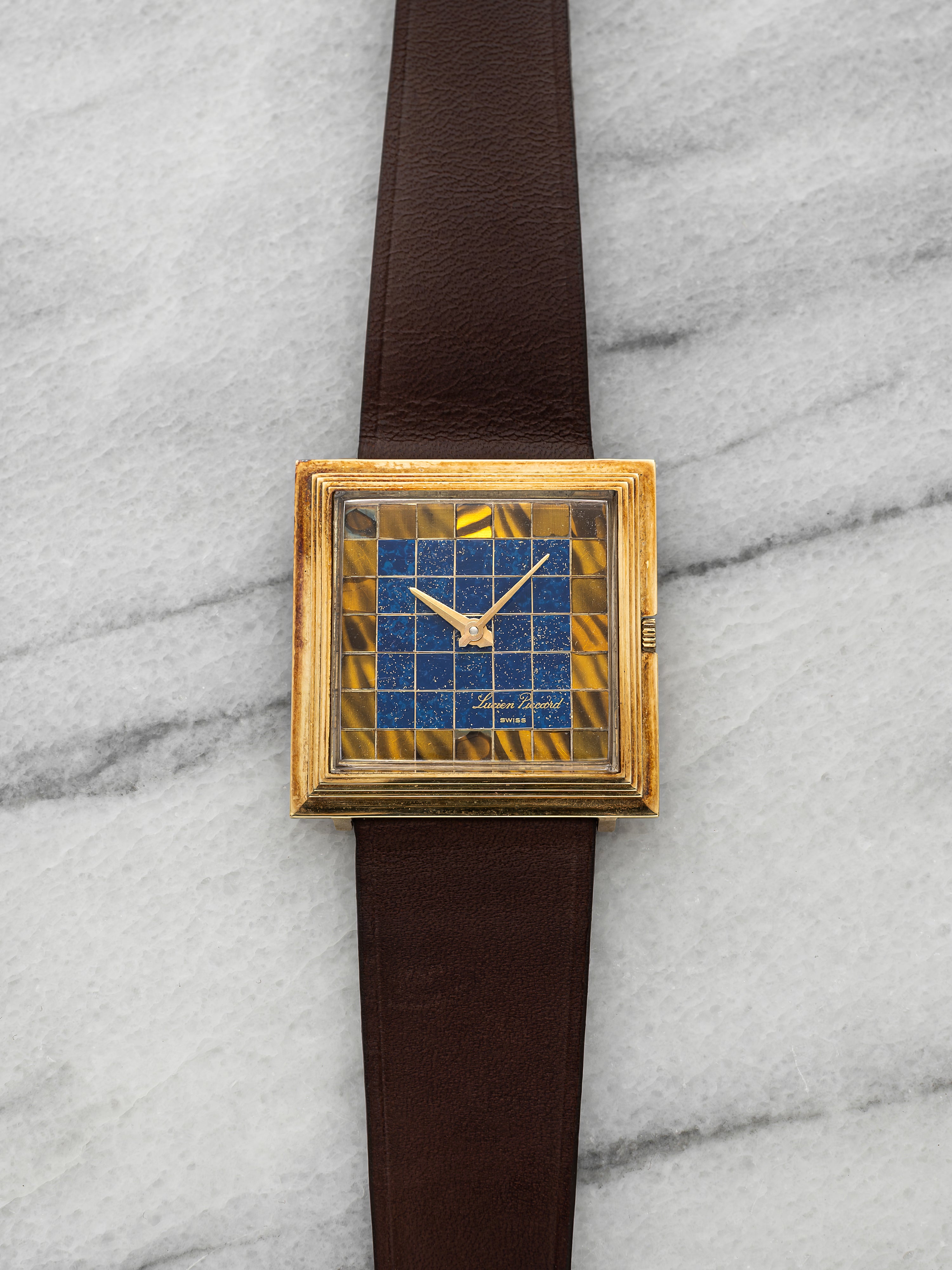 Lucien Piccard Carree Lacquer – 14K Yellow Gold Lapis & Tiger Eye Dial
