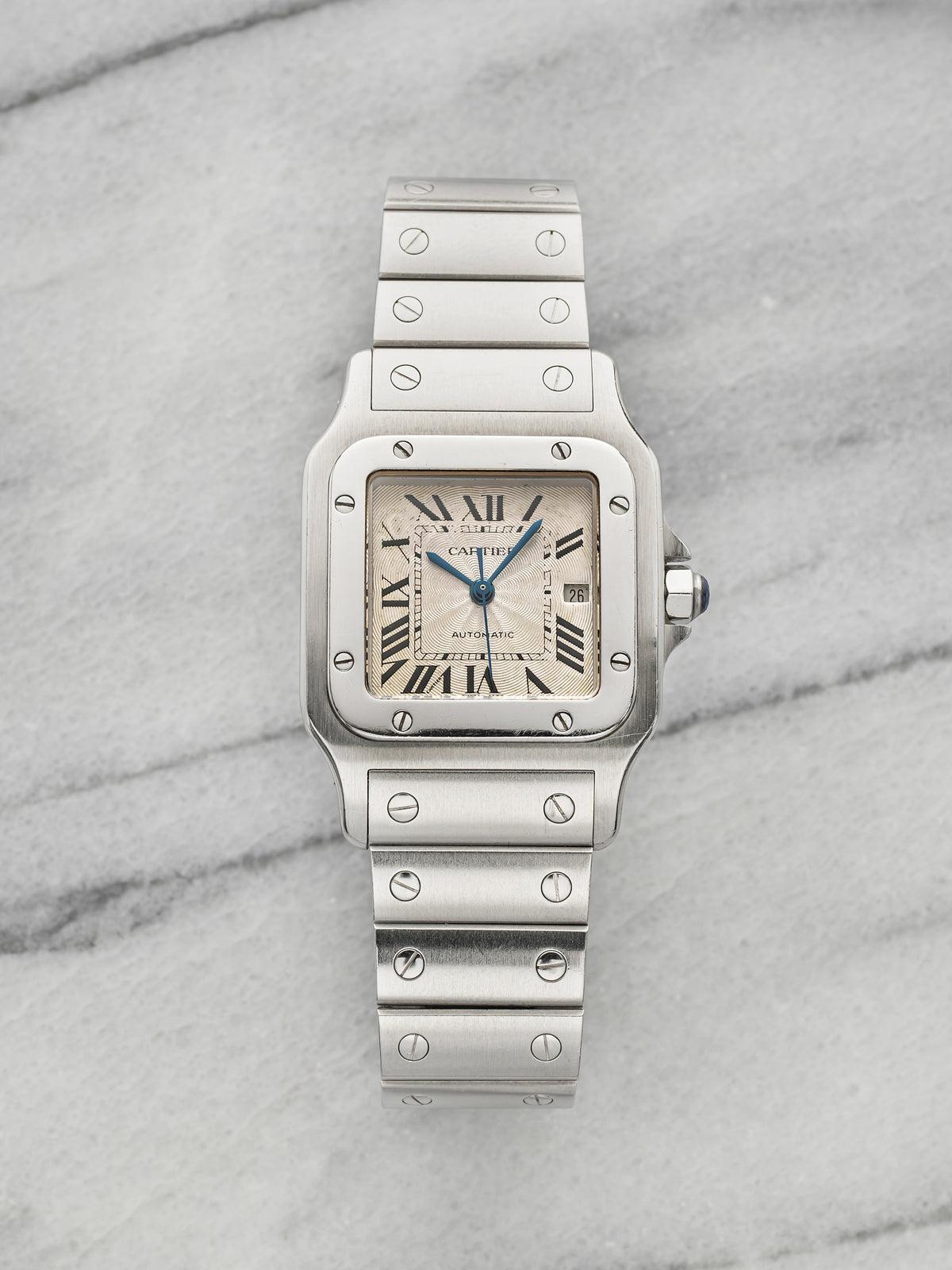 Vintage 1990s Cartier Santos 2319 Stainless Steel Cream Guilloche Auto 29mm