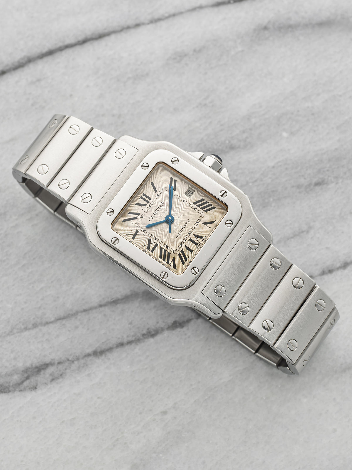 Vintage 1990s Cartier Santos 2319 Stainless Steel Cream Guilloche Auto 29mm