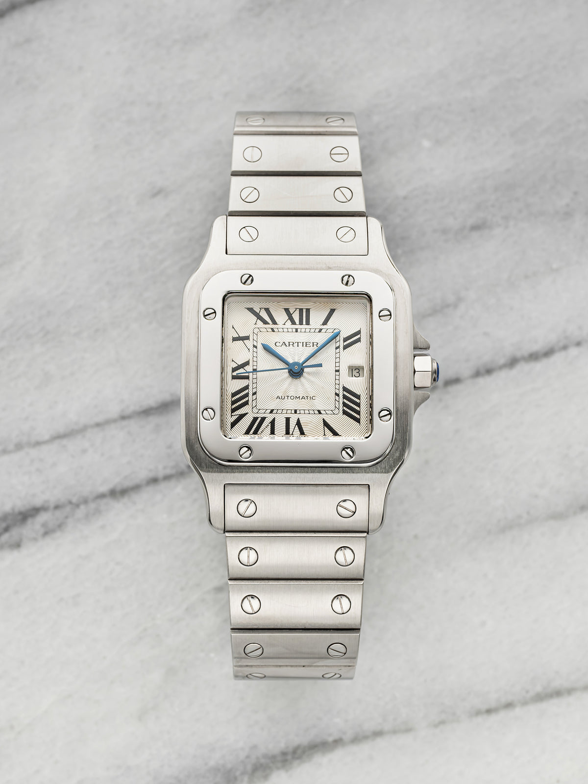 Vintage 1990s Cartier Santos 2319 Stainless Steel Guilloche Dial Automatic 29mm