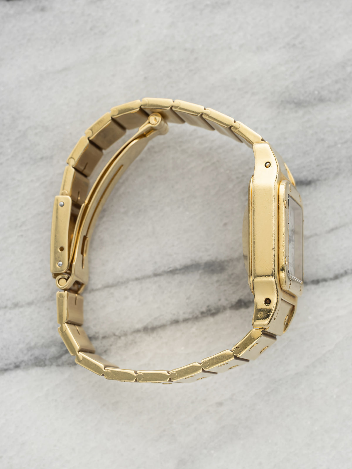 Vintage 1990s Cartier Santos Carree 0901 18K YG White Roman Dial Auto 24mm