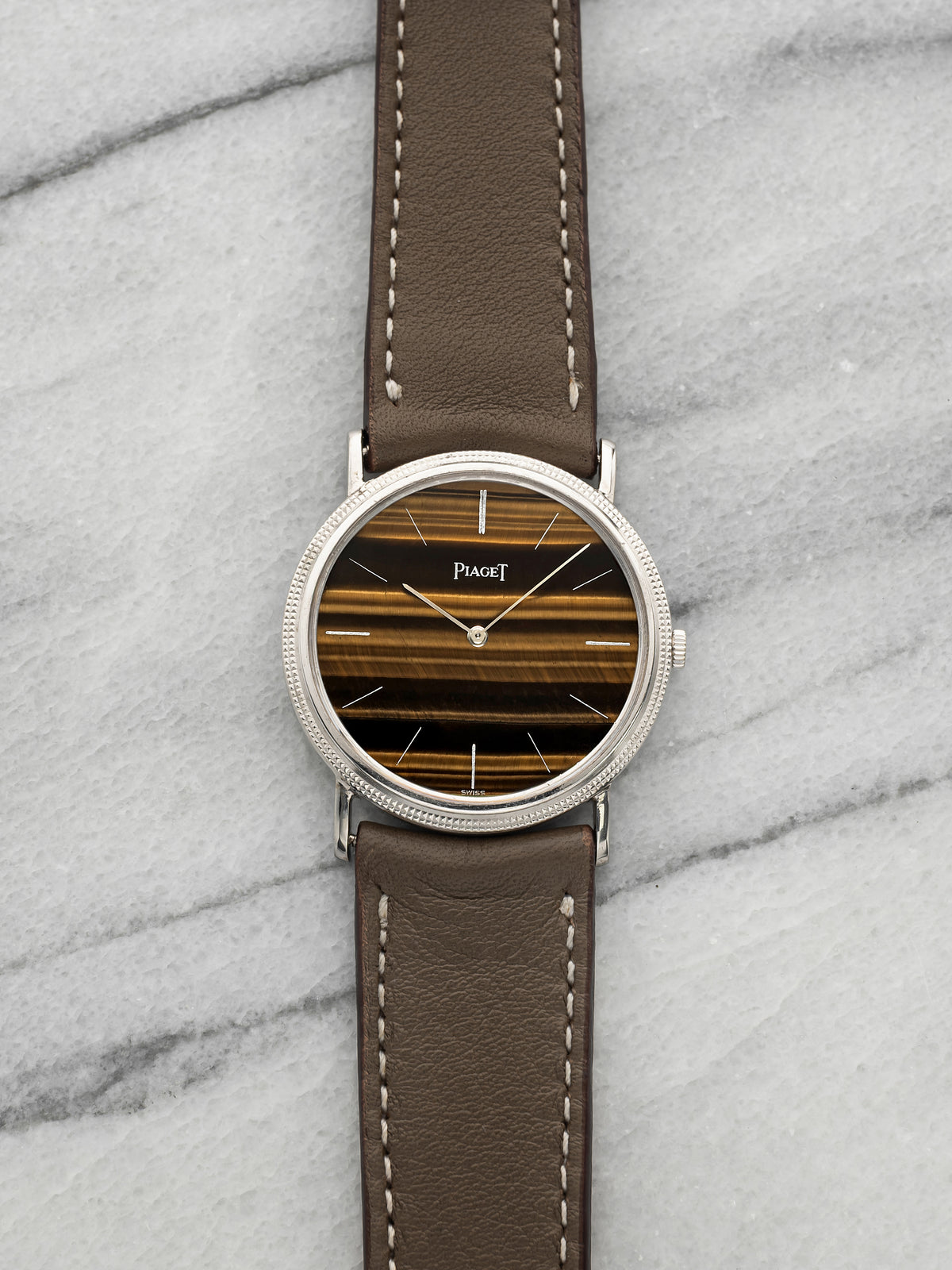 Vintage 1970s Piaget 9021 18K White Gold Tiger Eye Stone Dial Manual 34mm