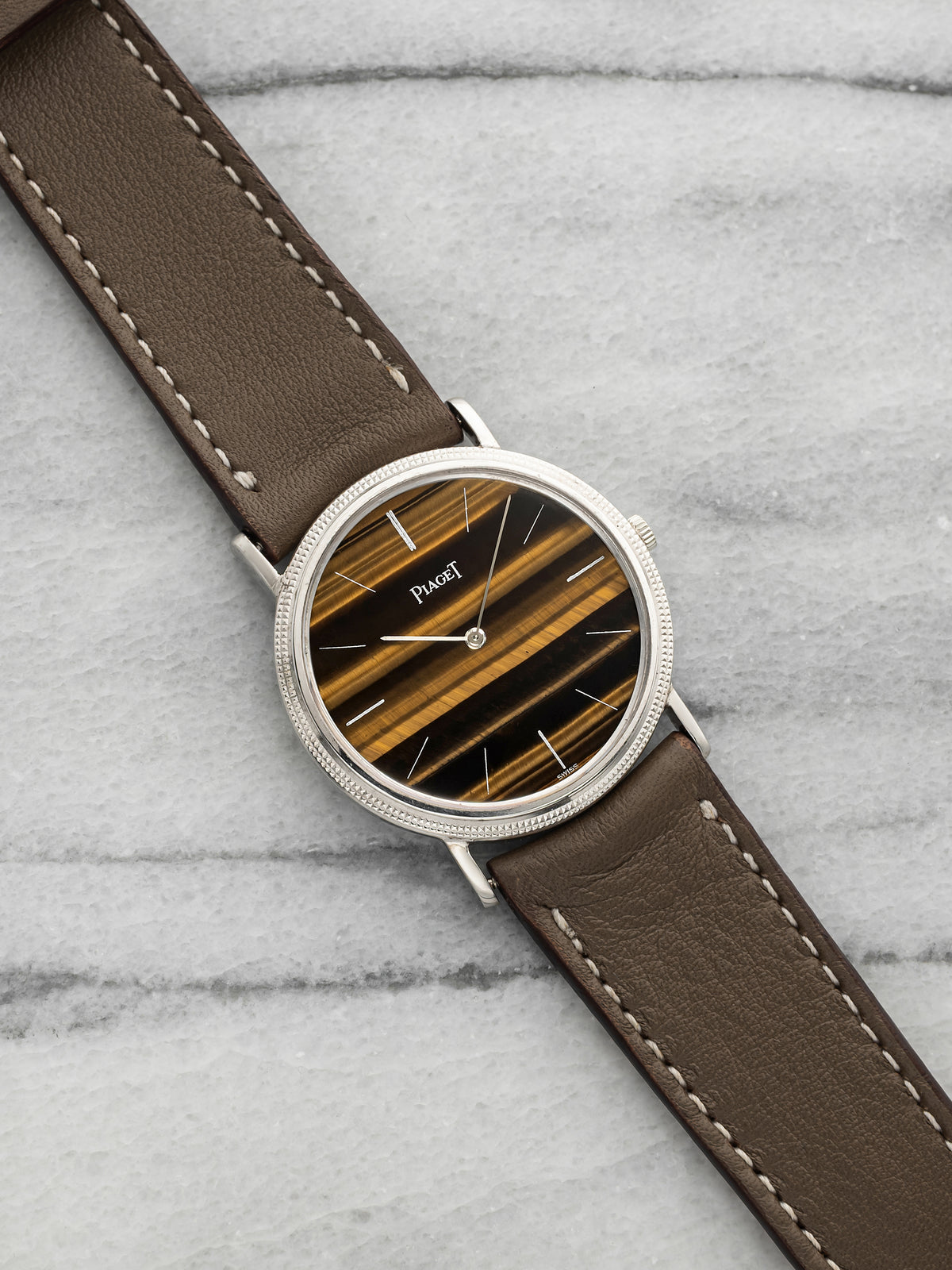 Vintage 1970s Piaget 9021 18K White Gold Tiger Eye Stone Dial Manual 34mm