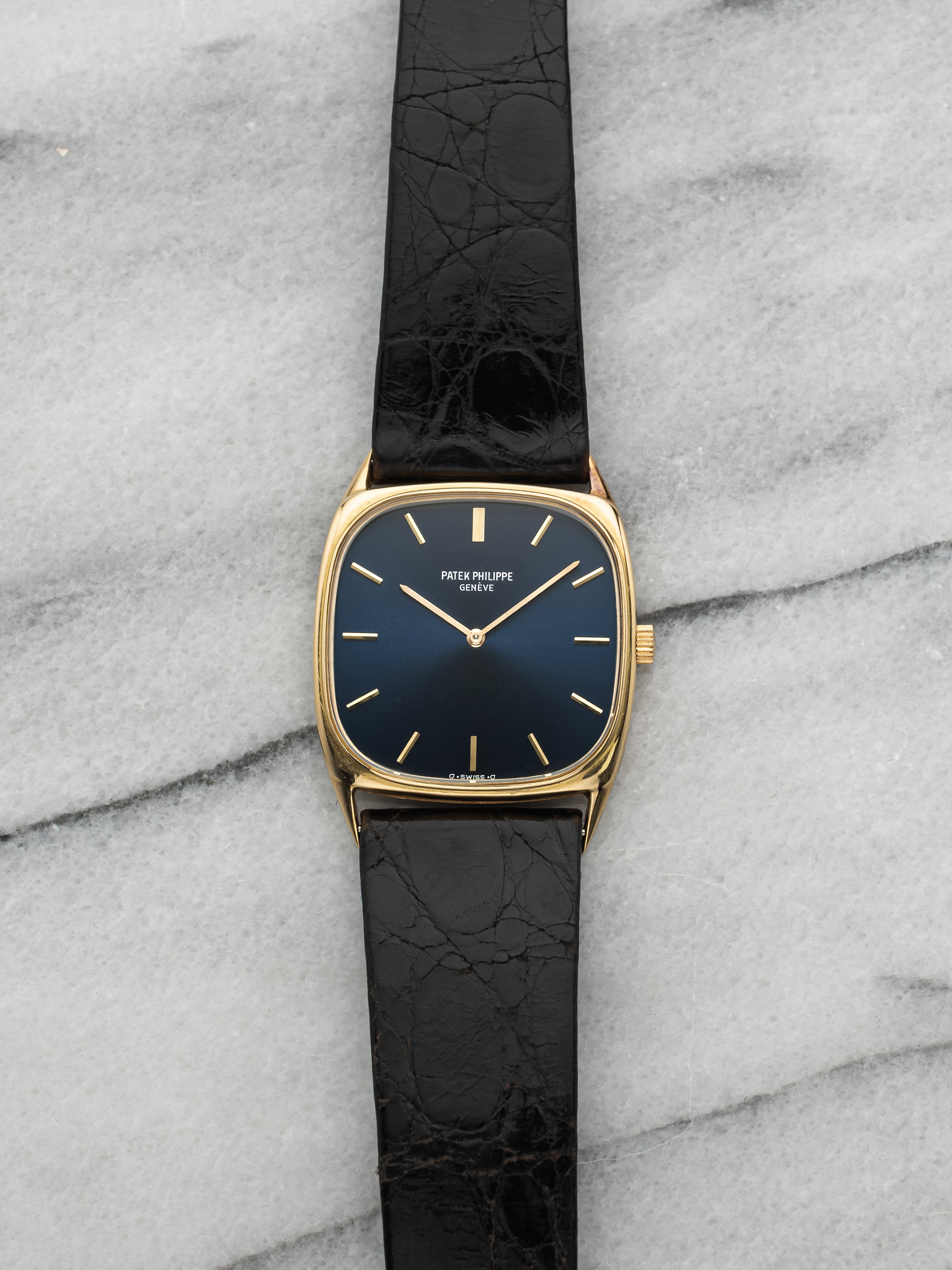 Vintage 1977 Patek Philippe 3666 18K YG Cushion Blue Sunburst Dial Manual 28mm