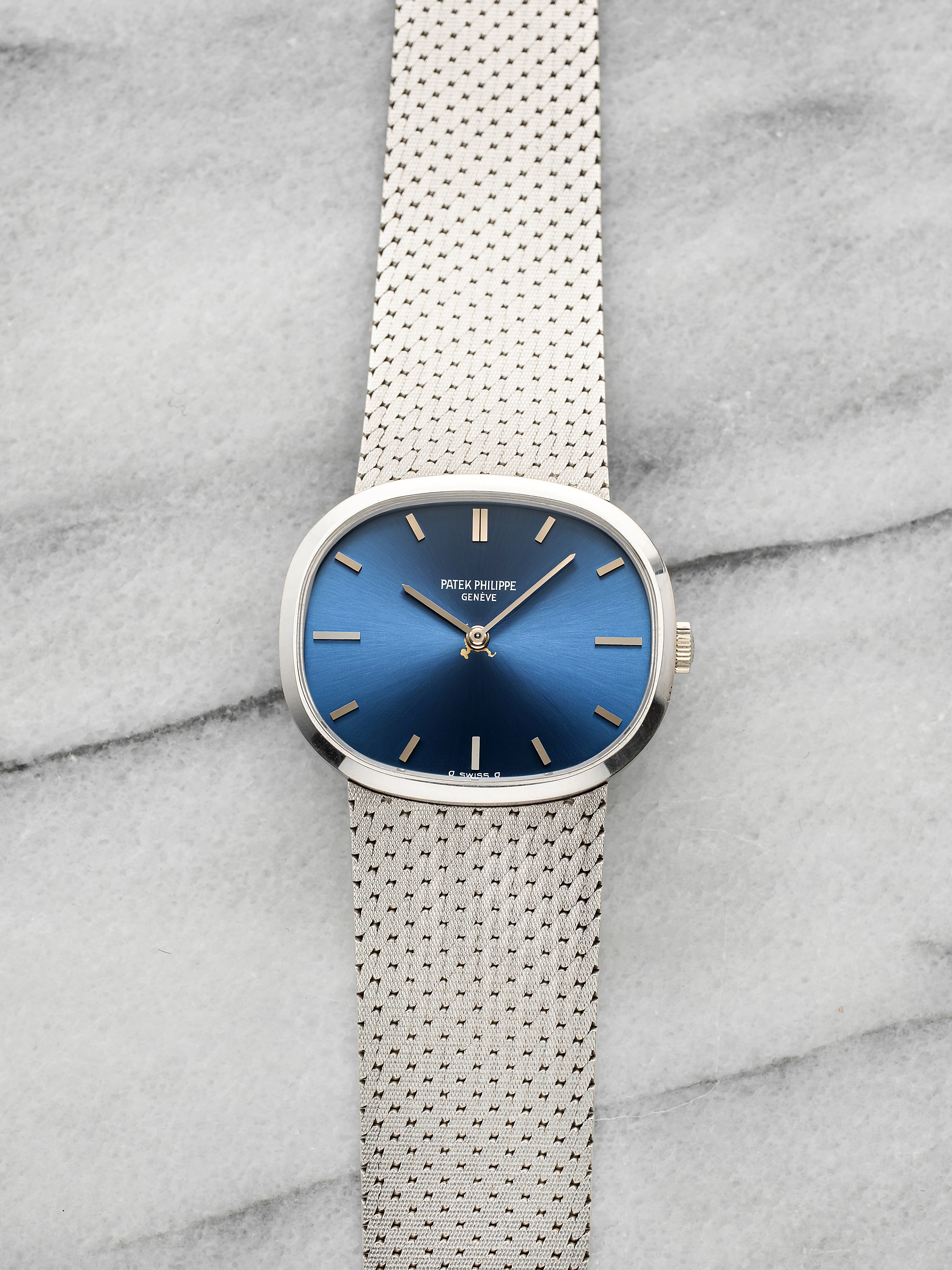 Vintage 1980s Patek Philippe Ellipse 3545/1 18k White Gold Blue Dial Manual 32mm