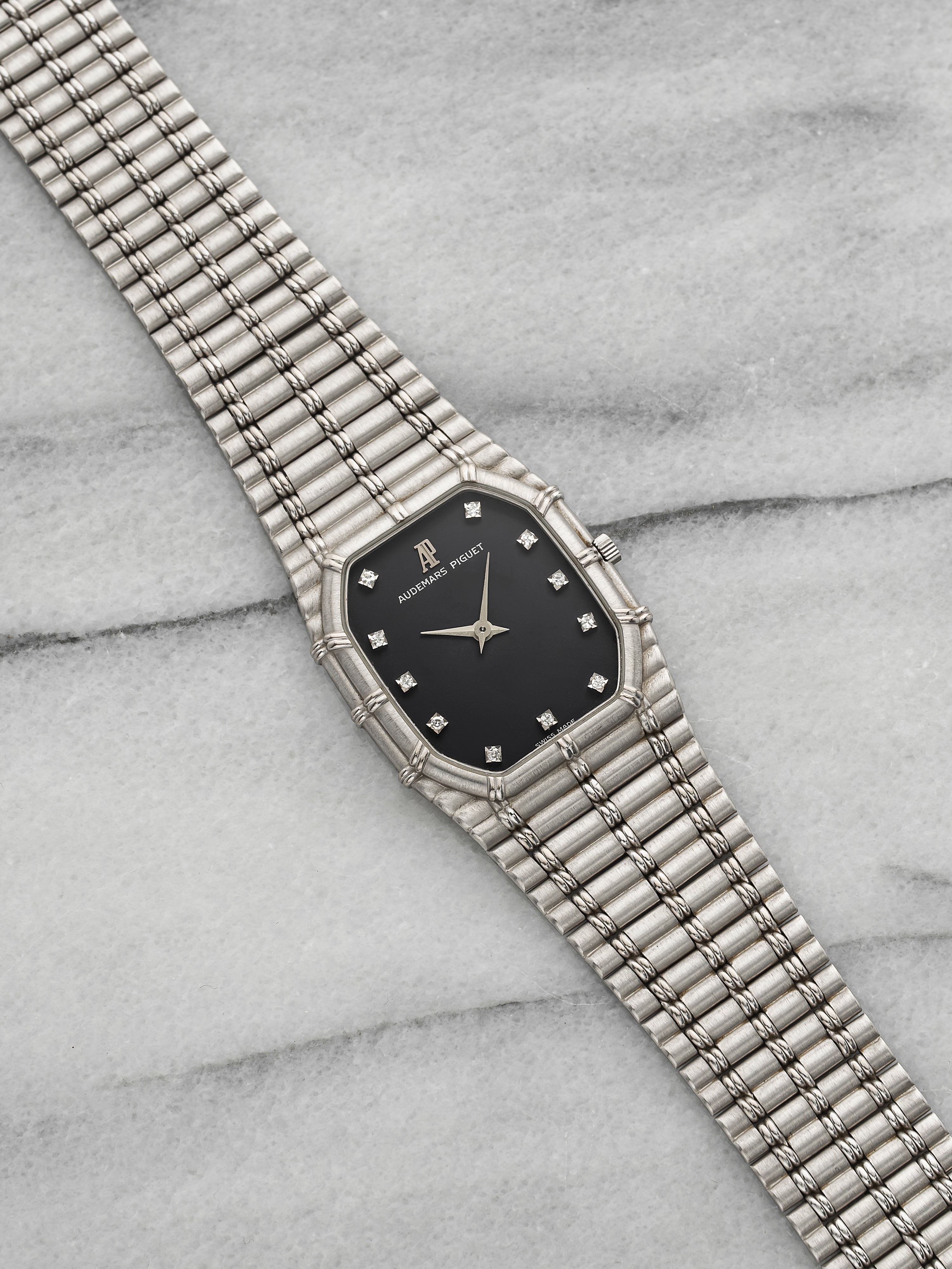 Vintage 1980s Audemars Piguet Bamboo 18K WG Deep Blue Diamond Dial Manual 27mm
