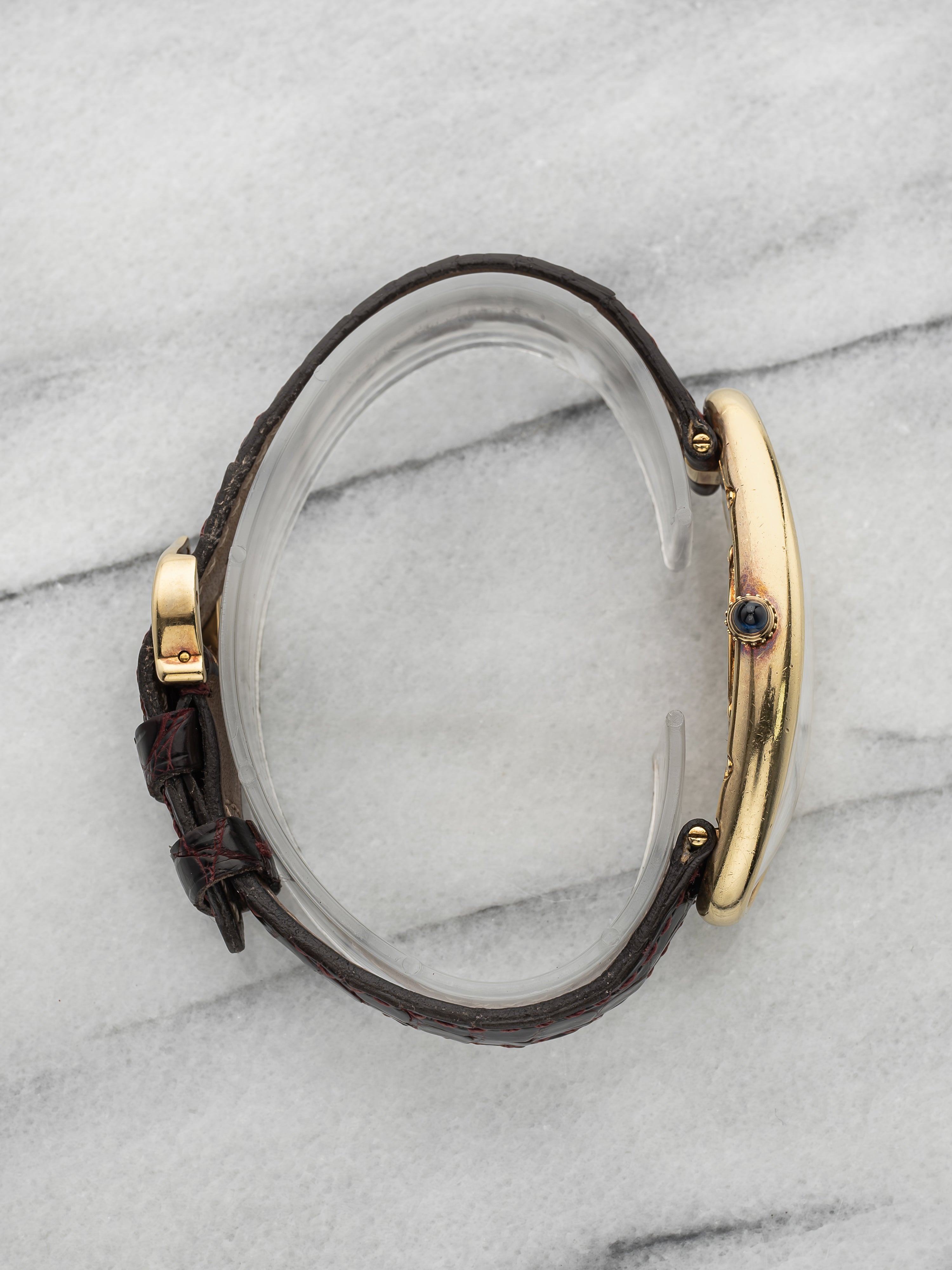 2000s Cartier Baignoire Allongee 2605 18K YG Silvered Guilloche Dial Quartz 21mm