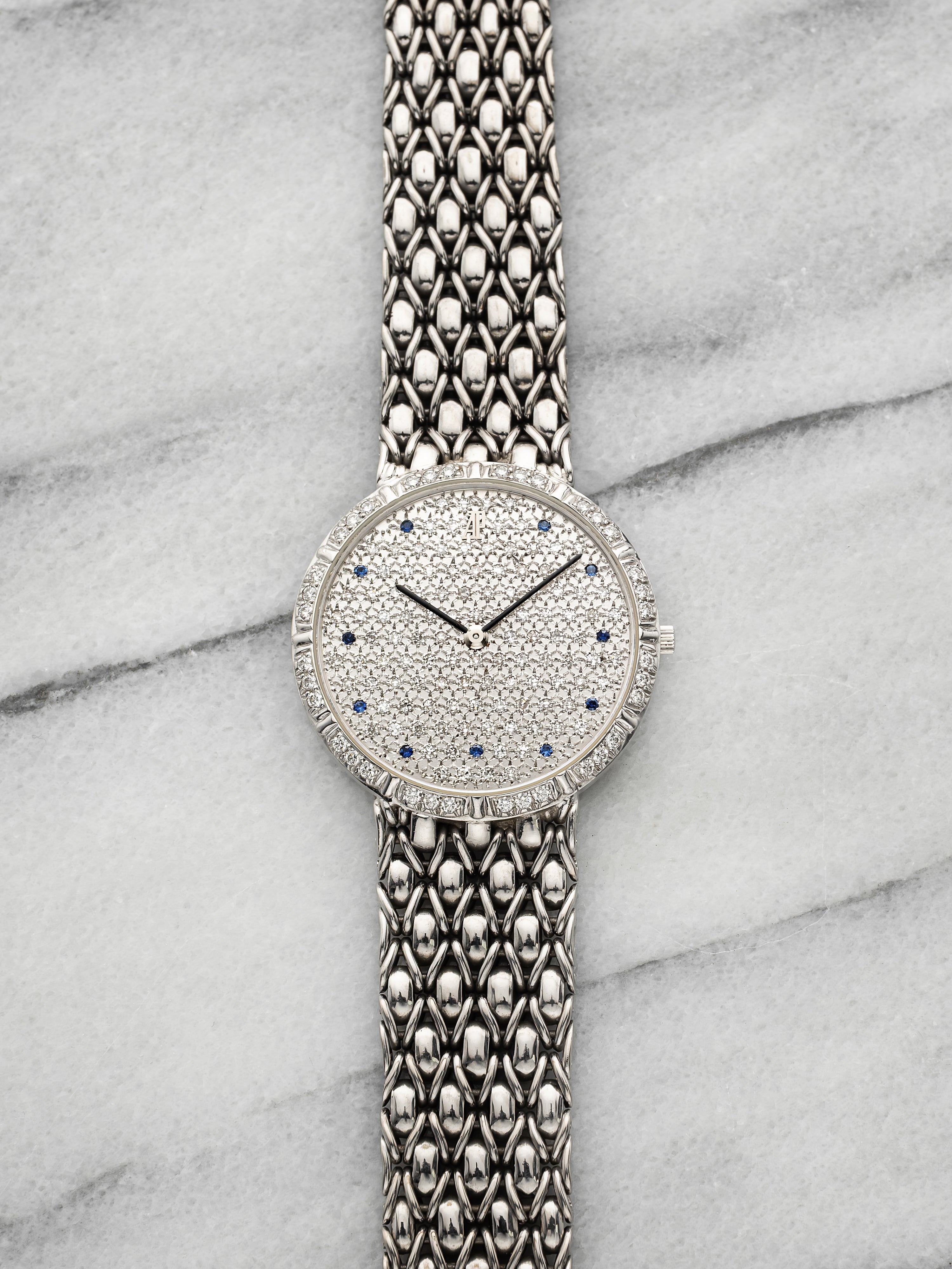 Vintage 1980s Audemars Piguet 18K WG Diamond Pave Sapphire Dial Manual 31mm