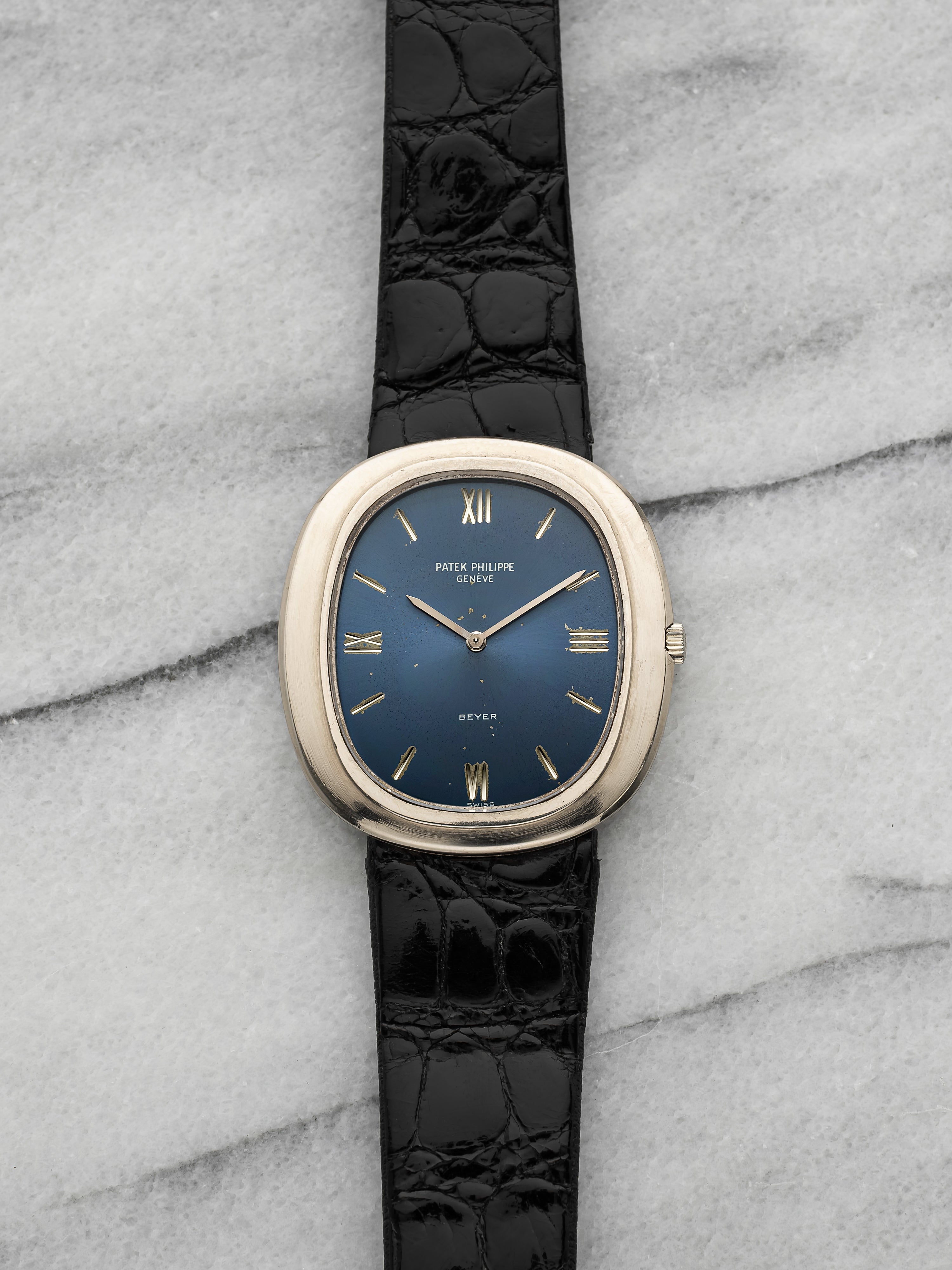 Vintage 1970s Patek Philippe Grand Ellipse 3589 18K WG Blue Beyer Dial Auto 33mm