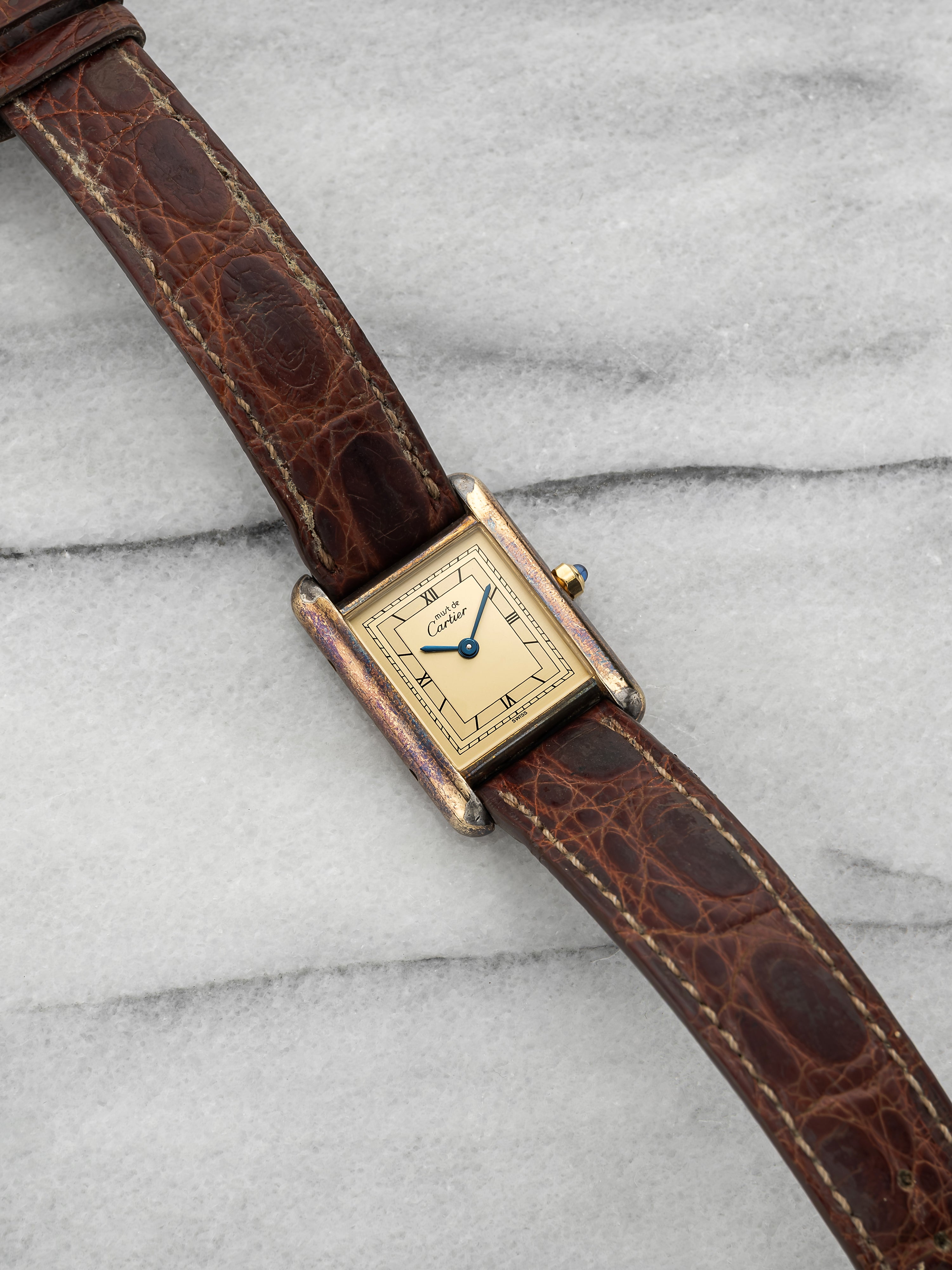 Vintage 1980s Cartier Must Tank 3 04225 Vermeil Roman Dial Quartz 23mm