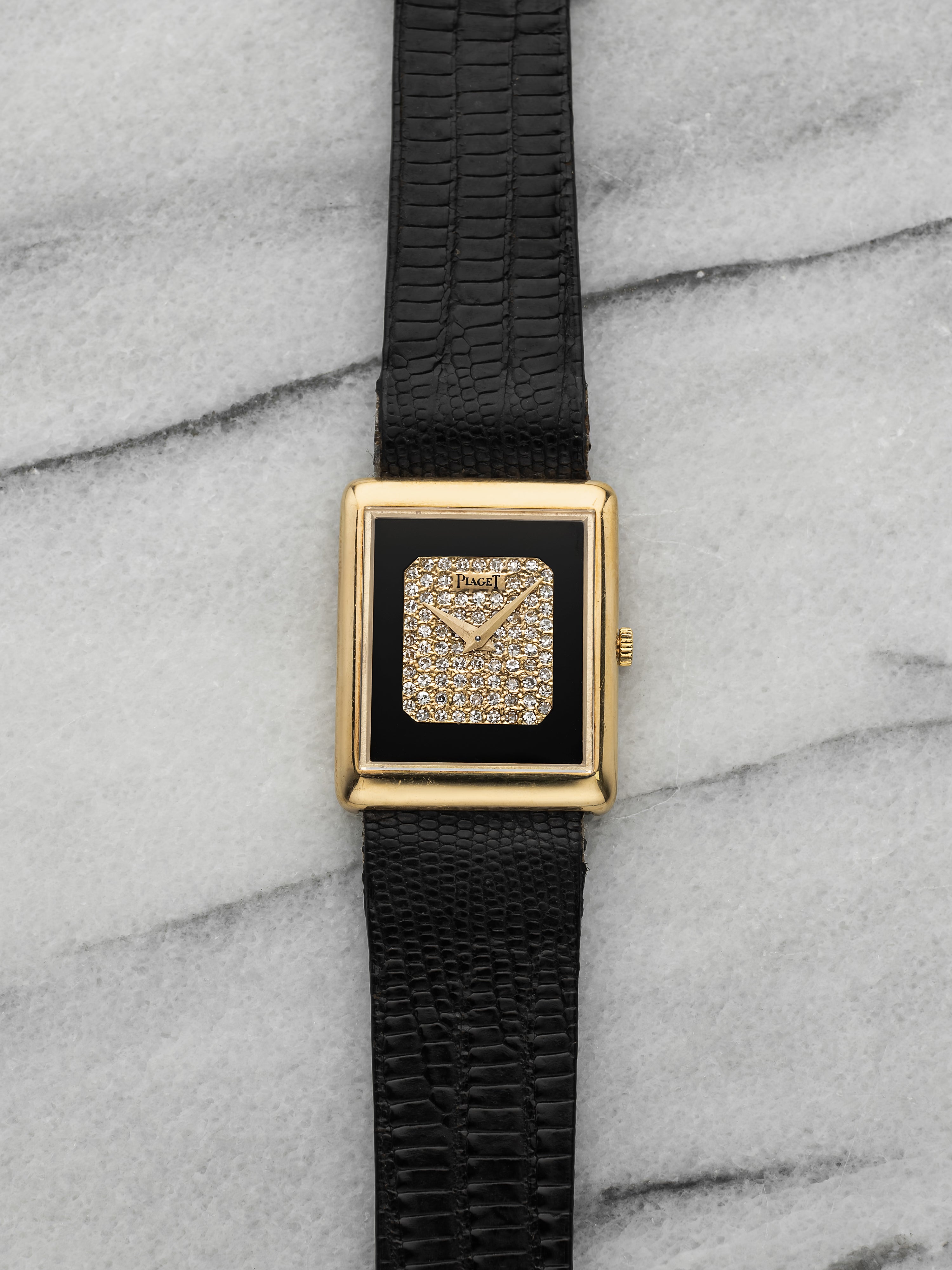 Vintage 1970s Piaget Protocole 9150 18K YG Onyx Pavé Diamond Dial Manual 23 mm