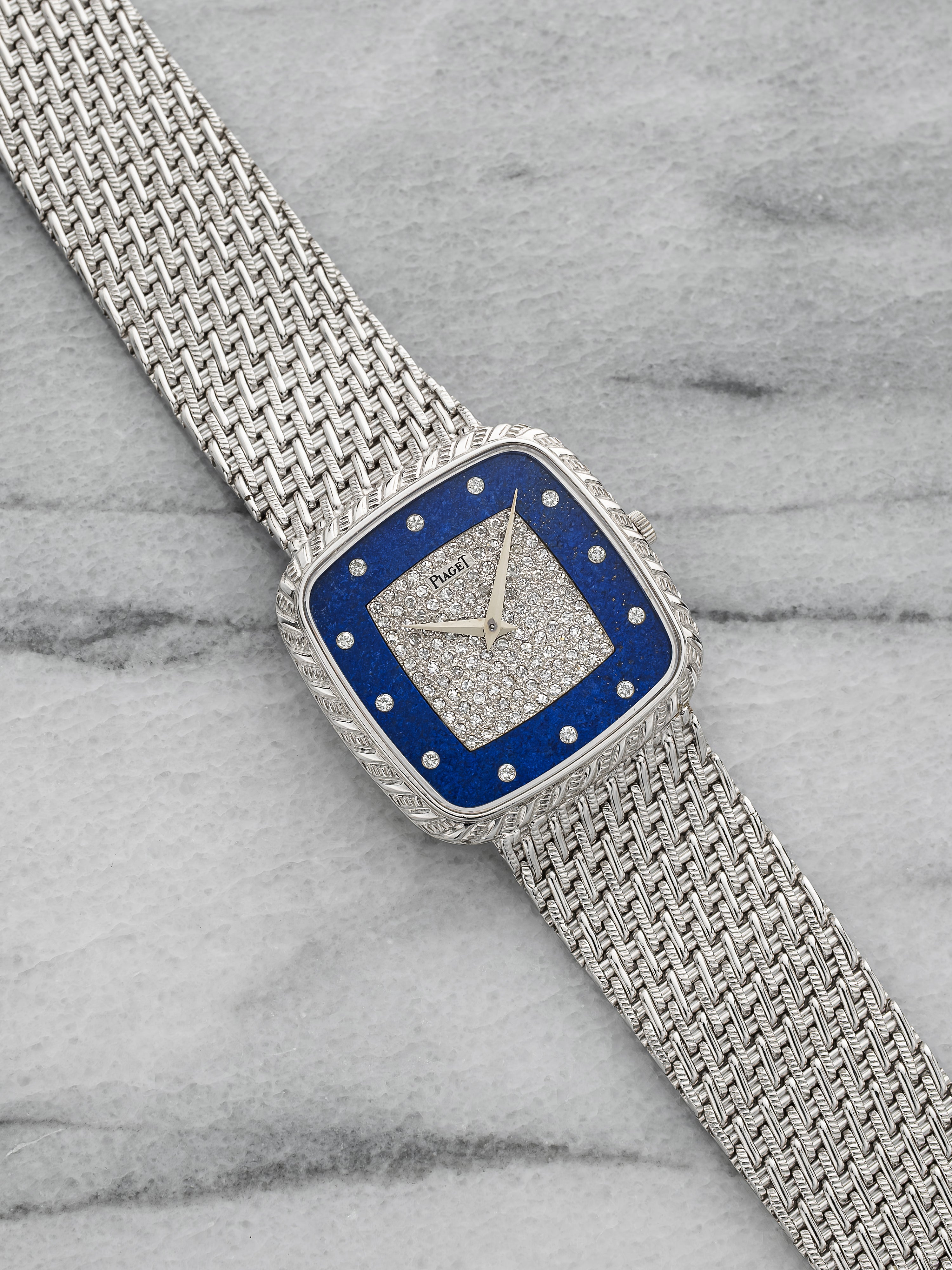 Piaget Cushion Case 9771 P61 - 18K White Gold Lapis and Diamond Dial