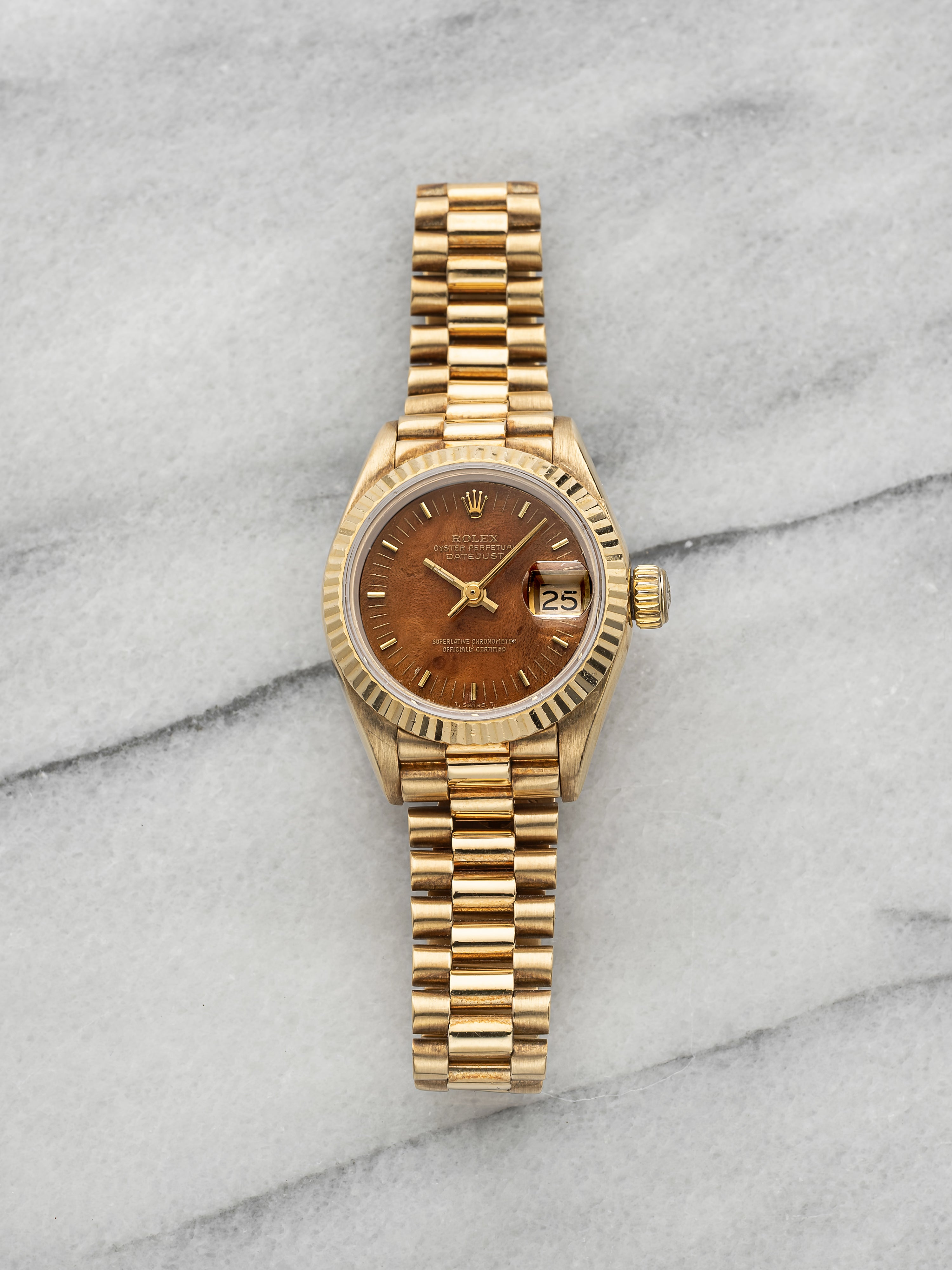Vintage 1989 Rolex Lady Datejust 69178 18K YG Walnut Burl Wood Dial Auto 26mm