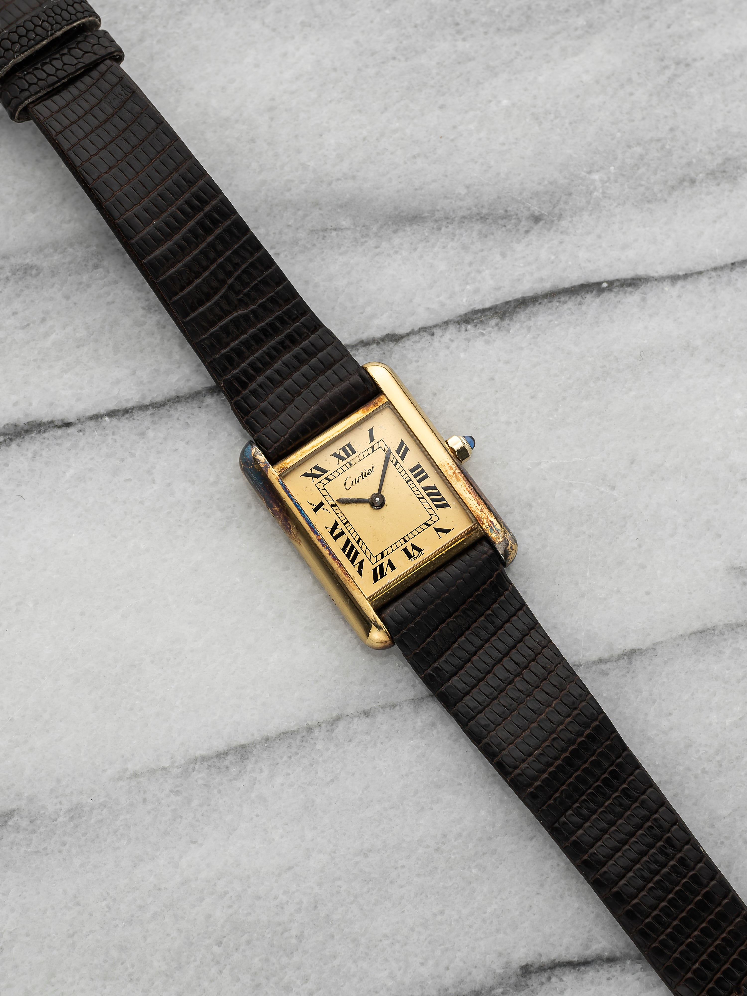 Vintage 1980s Cartier Tank 66001 Vermeil Champagne Roman Dial Quartz 21mm