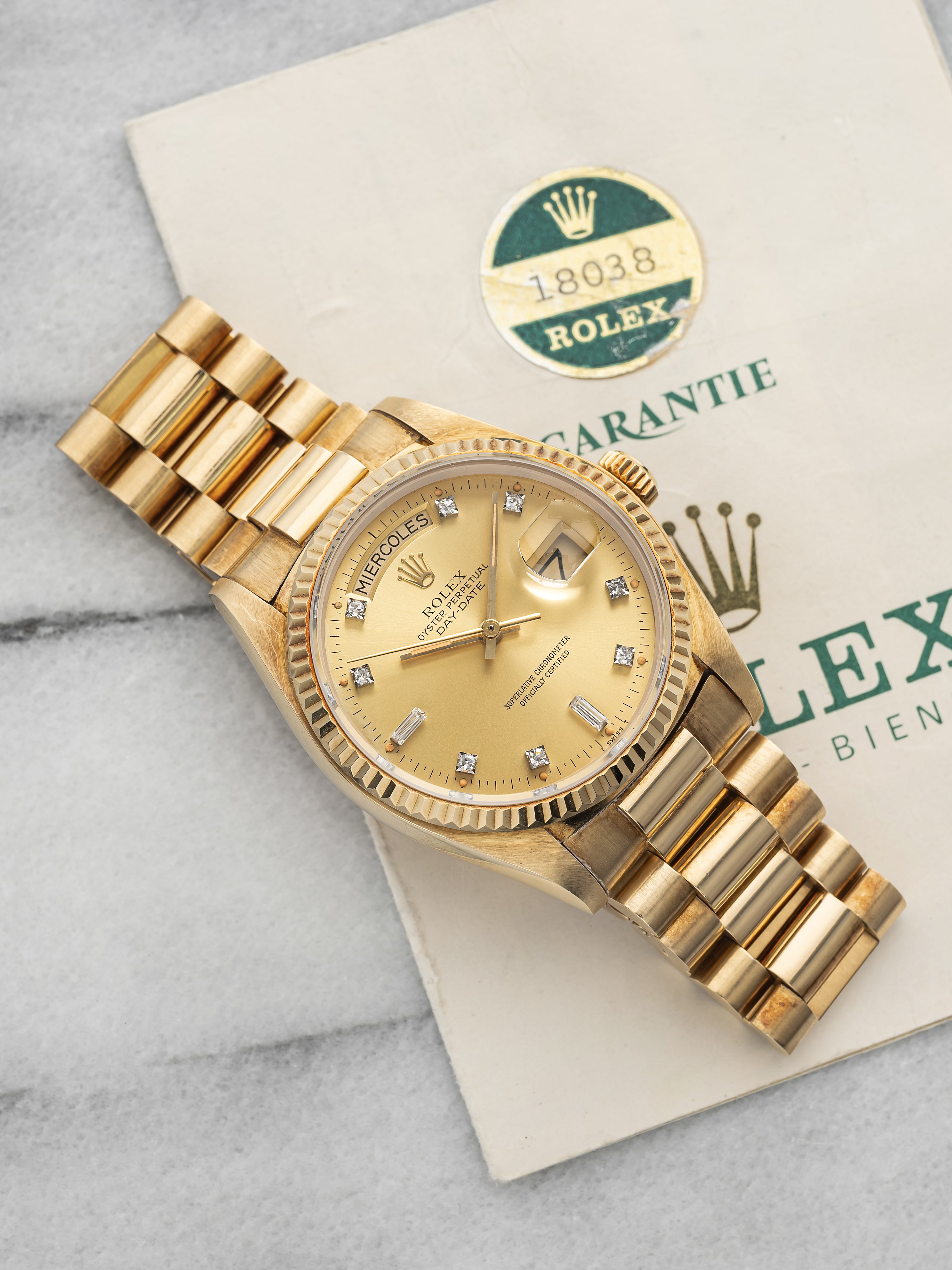Vintage 1982 Rolex Day-Date 36 18038 YG Champagne Diamond Dial Auto 36mm