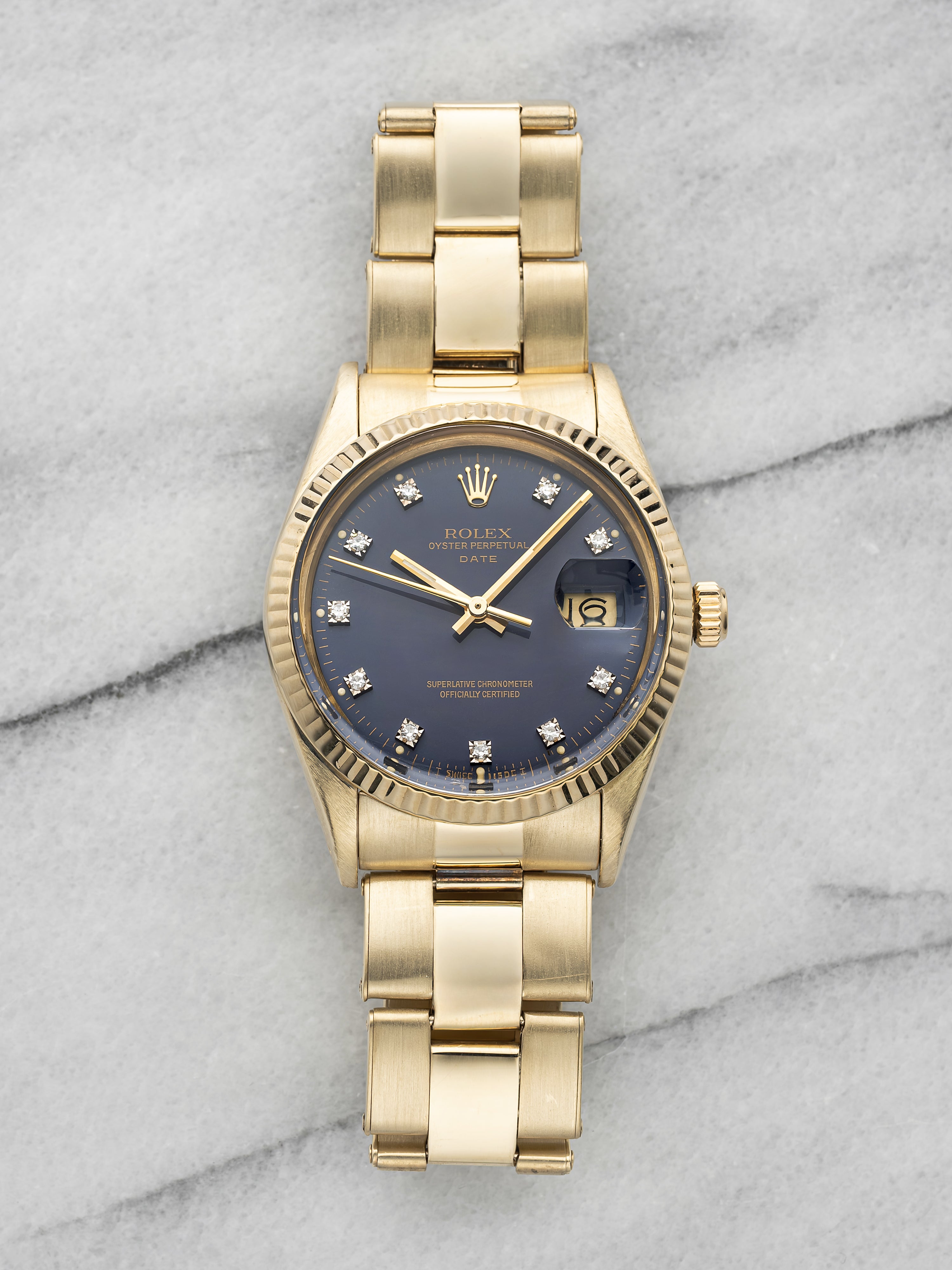 Vintage 1986 Rolex Oyster Perpetual Date 14K YG Purple Diamond Dial Auto 34mm
