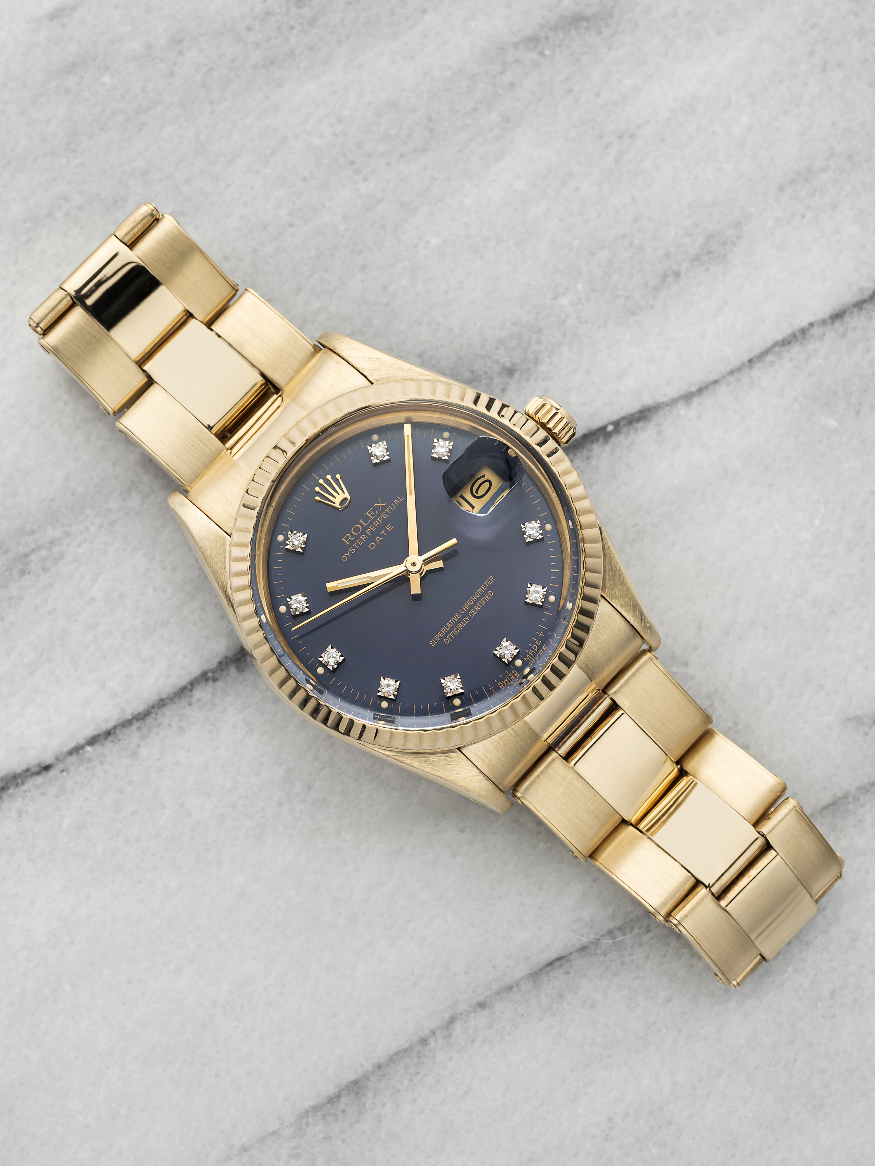 Vintage 1986 Rolex Oyster Perpetual Date 14K YG Purple Diamond Dial Auto 34mm
