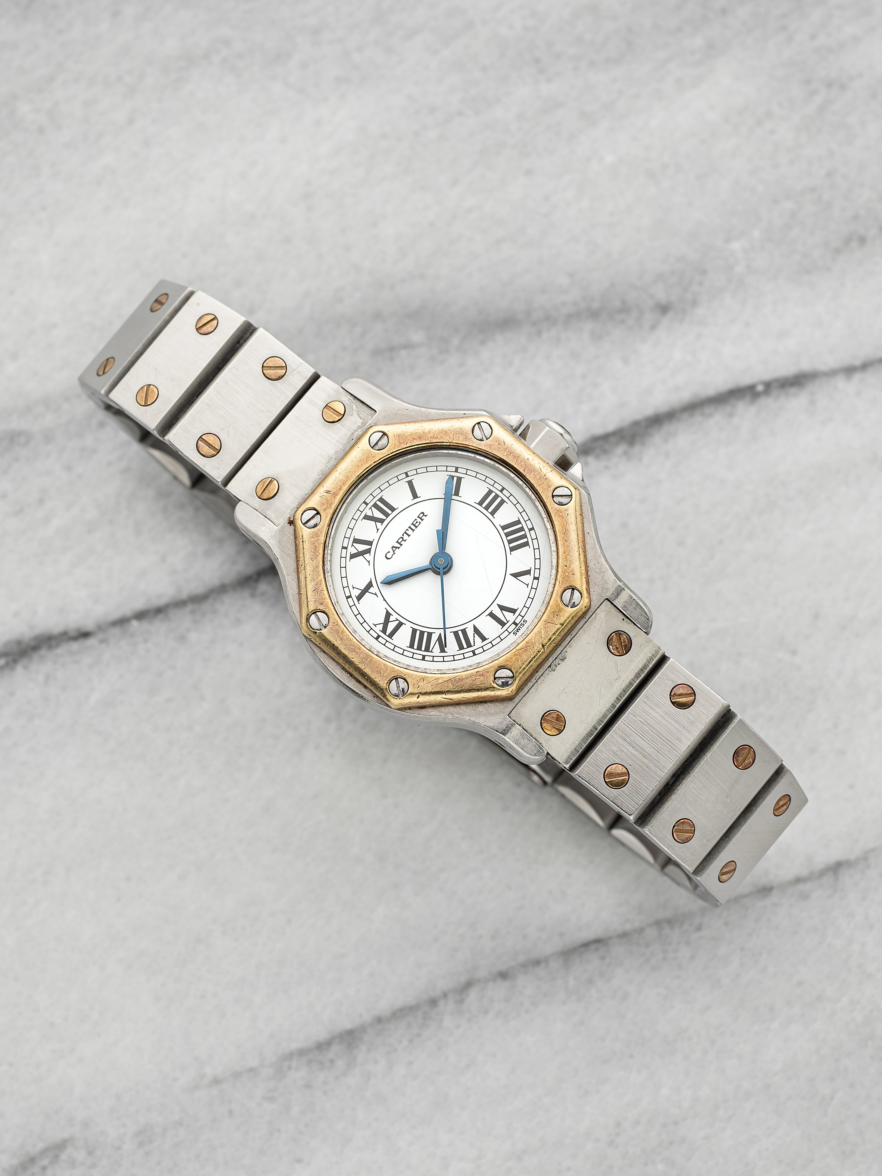 Vintage 1980s Cartier Santos Octagon 0907 Two-Tone White Roman Dial Auto 25mm
