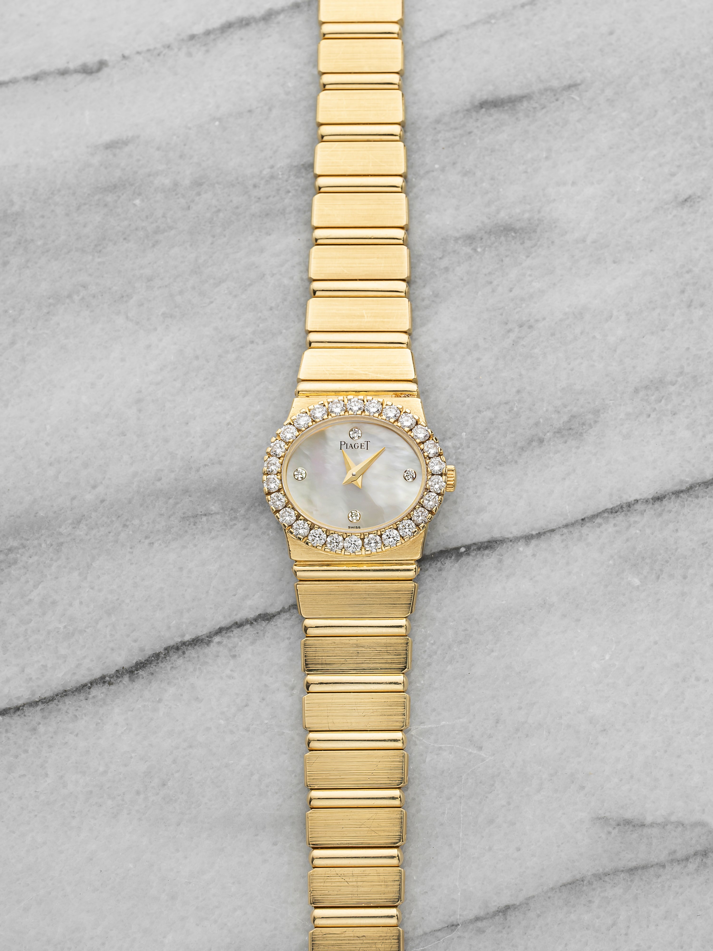 Vintage 1970s Piaget Polo 8306 C701 18K YG MoP Dial Diamond Bezel 22mm