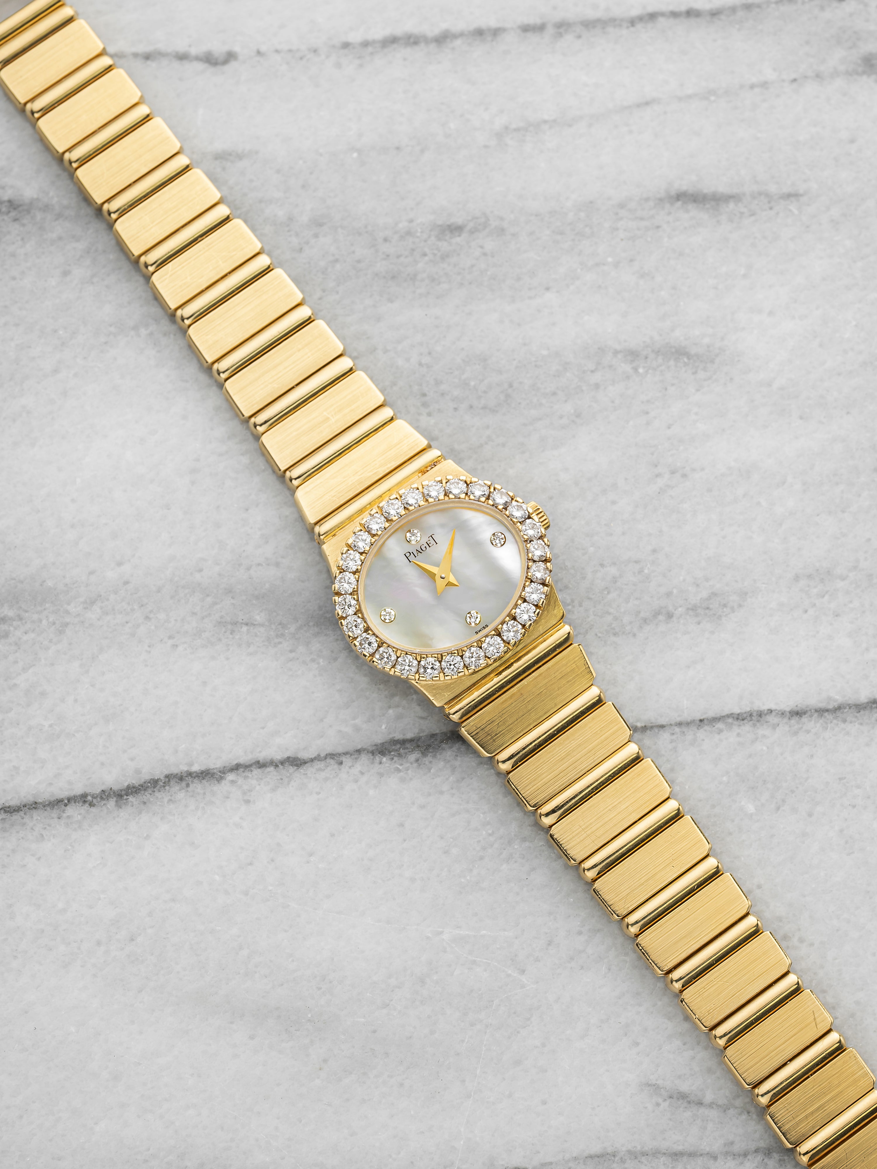 Vintage 1970s Piaget Polo 8306 C701 18K YG MoP Dial Diamond Bezel 22mm