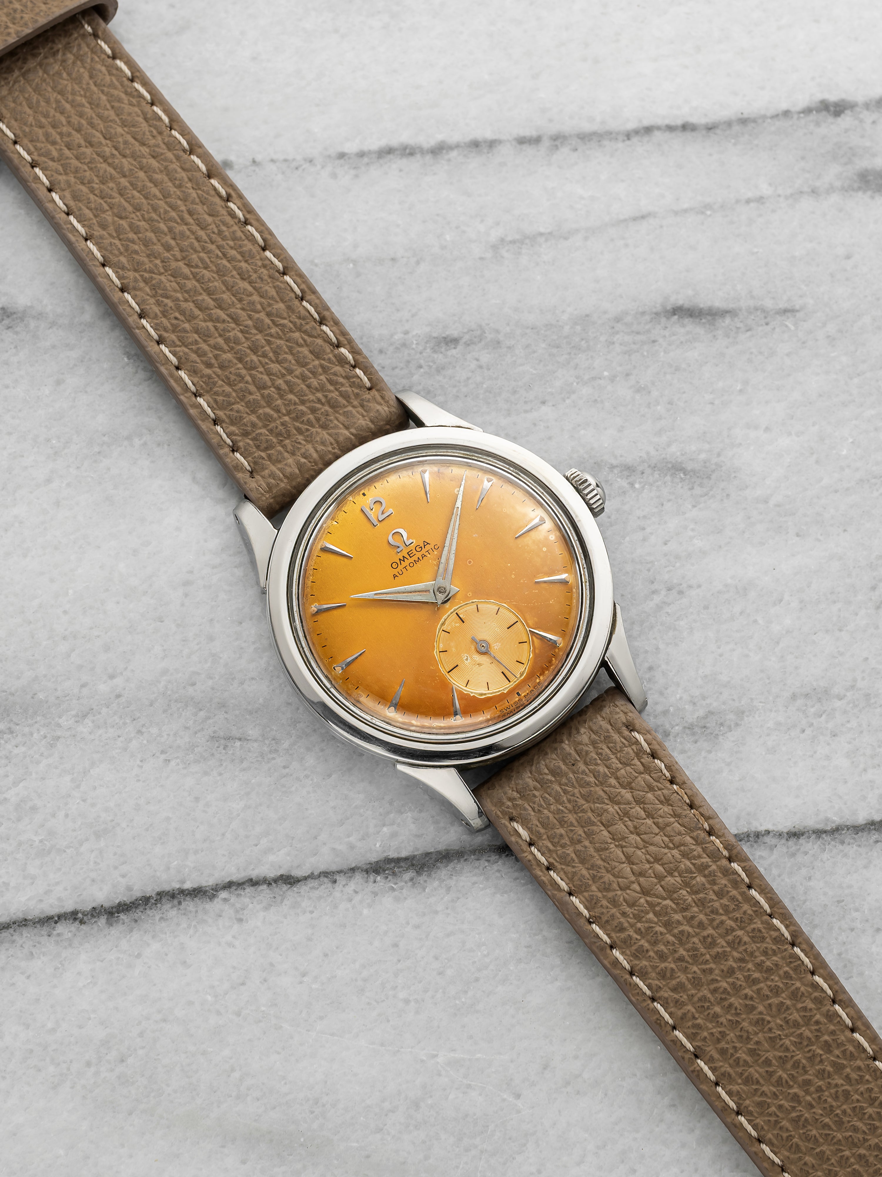 Vintage 1960s Omega Geneve Stainless Steel Tropical Mars Patina Dial Auto 38mm