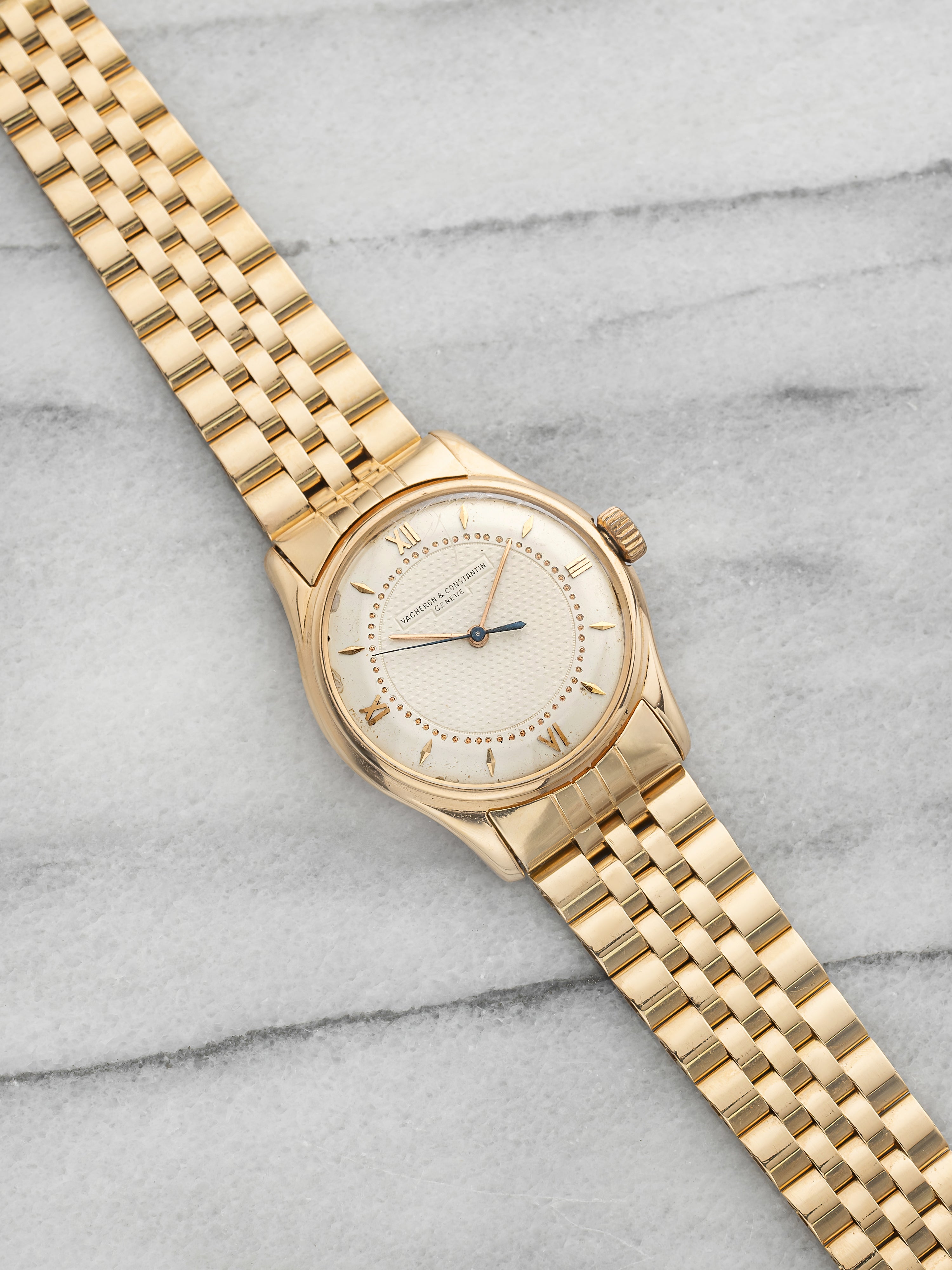 Vintage 1950s Vacheron Constantin Dress 18K YG Silvered Guilloche Dial Auto 35mm