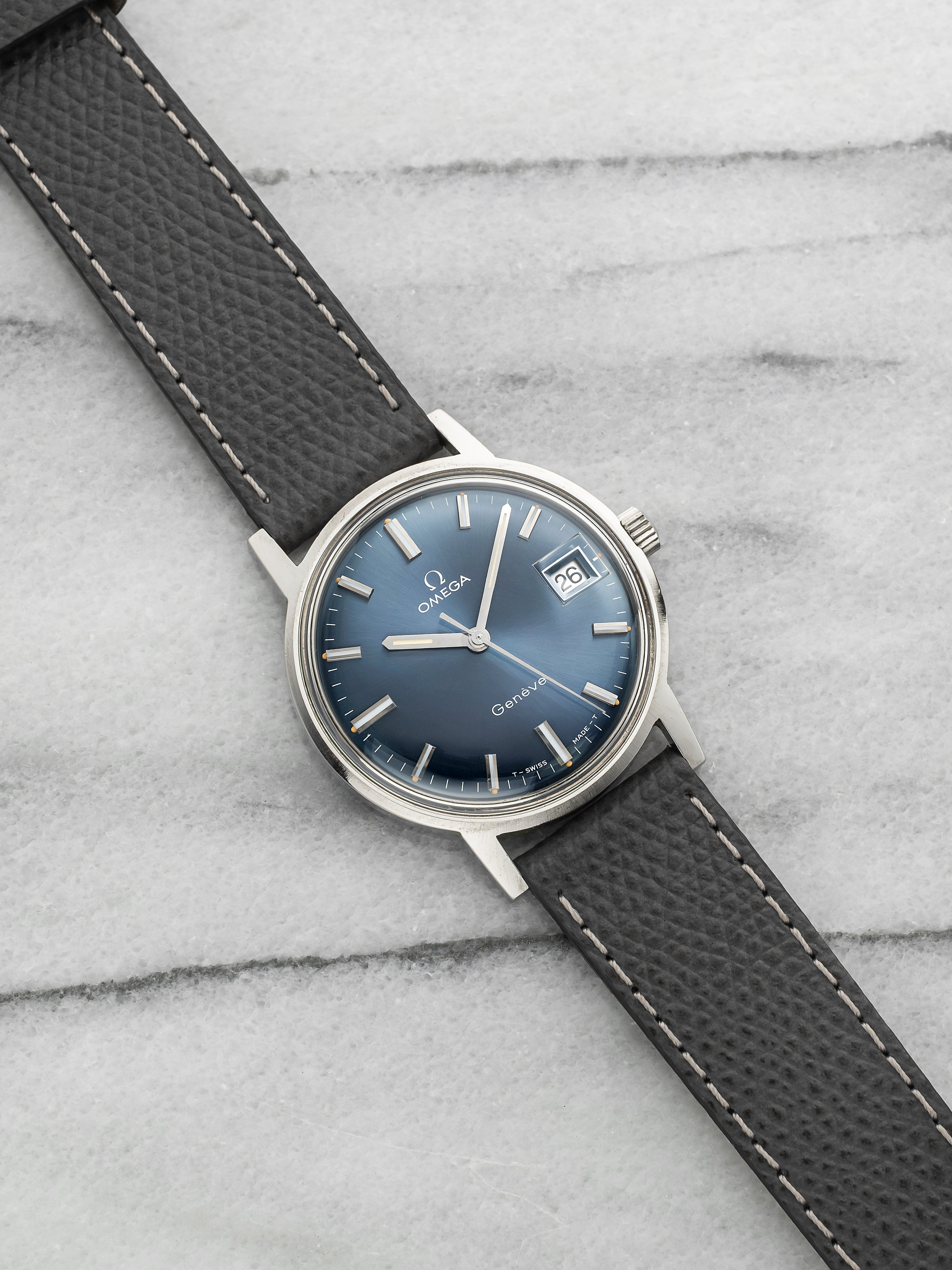 Vintage 1960s Omega Geneve 166.020 Steel Case Blue Sunburst Dial Auto 36mm