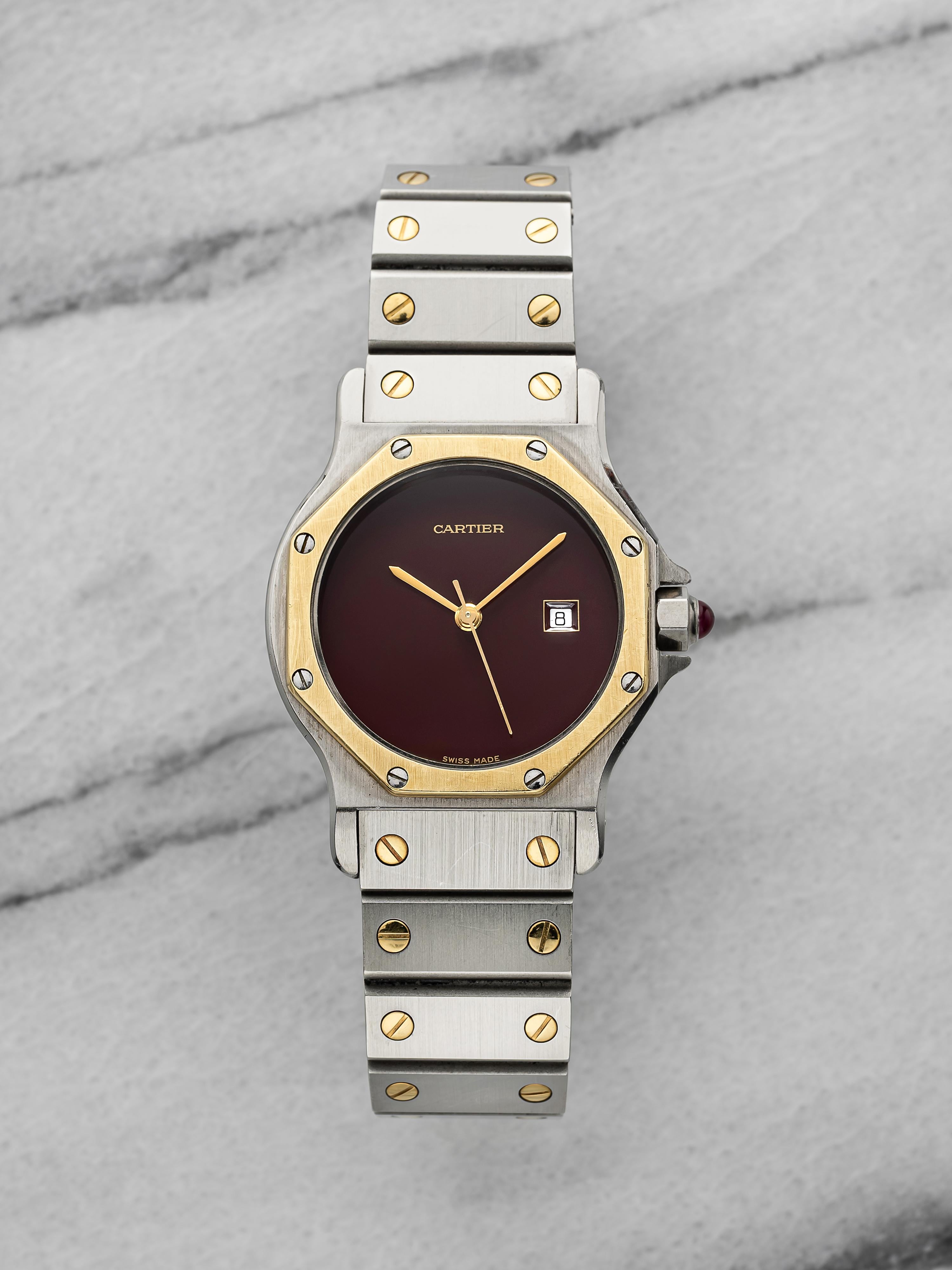 Vintage 1990s Cartier Santos Octagonal 2966 18K YG Burgundy Dial Automatic 31 mm