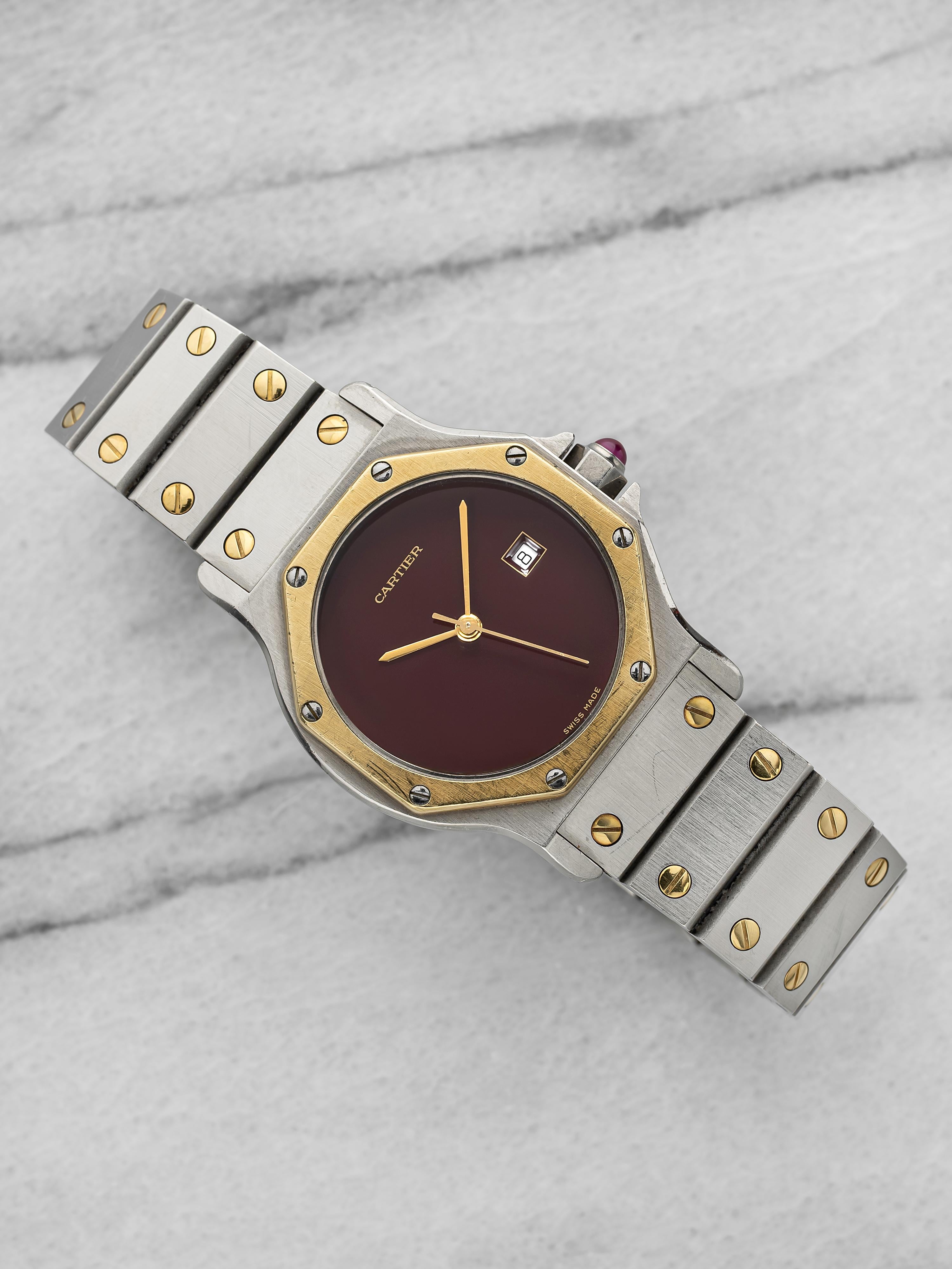 Vintage 1990s Cartier Santos Octagonal 2966 18K YG Burgundy Dial Automatic 31 mm