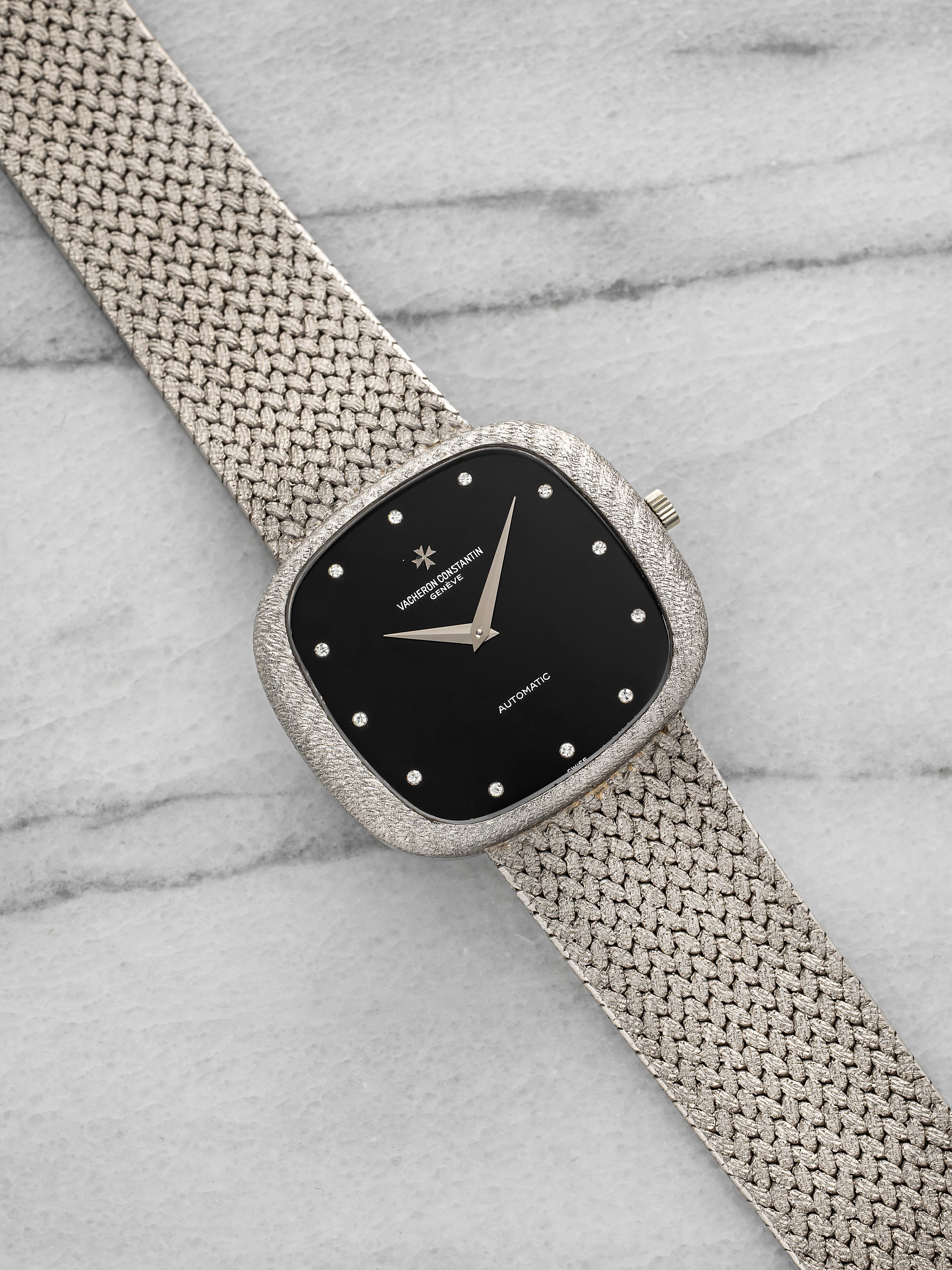 Vintage 1970s Vacheron Constantin Integrated 18K WG Onyx Diamond Dial Auto 32 mm