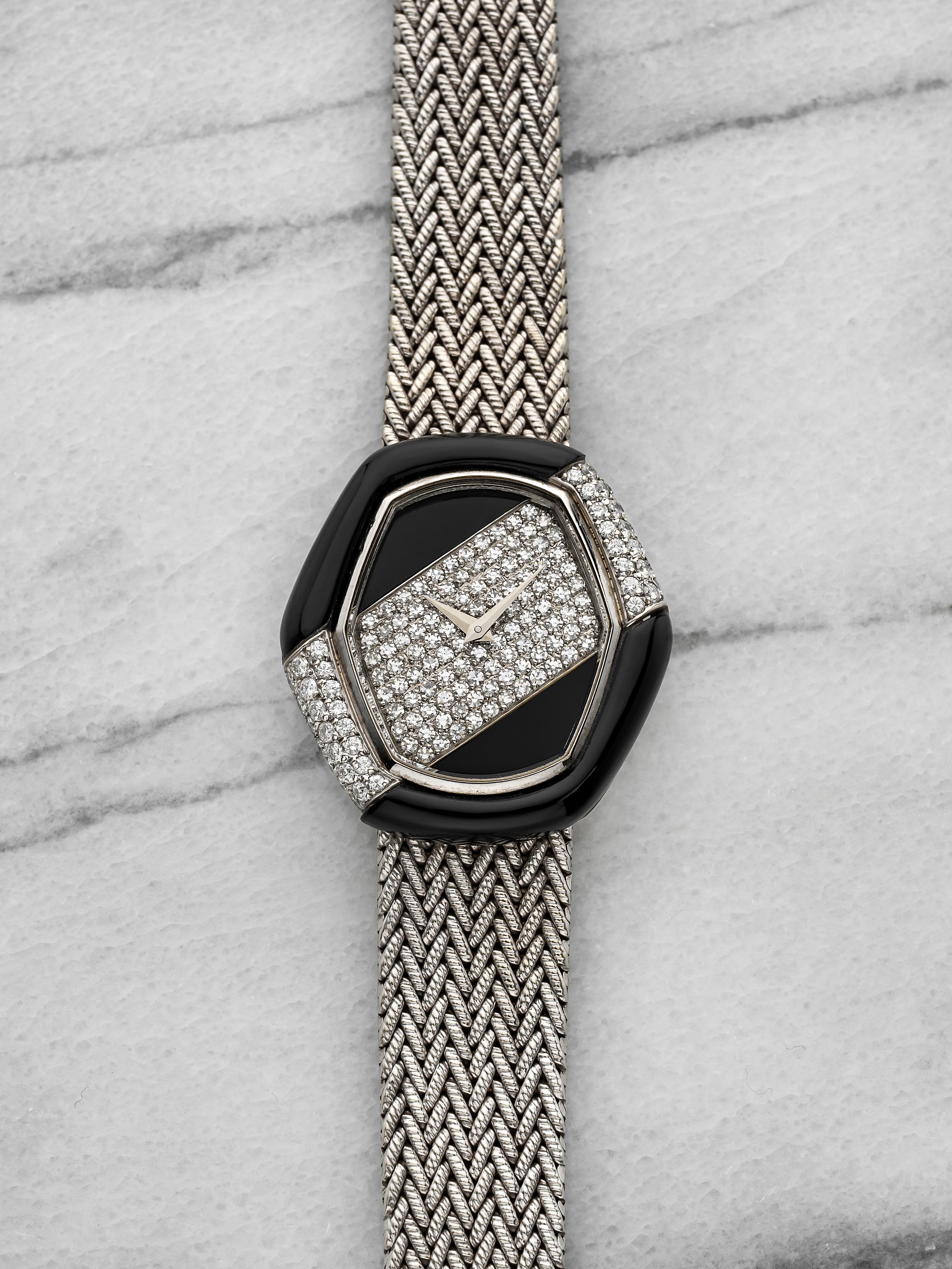Vintage 1970s DeLaneau 18K WG Manual Onyx & Pave Diamond Dial 33 mm