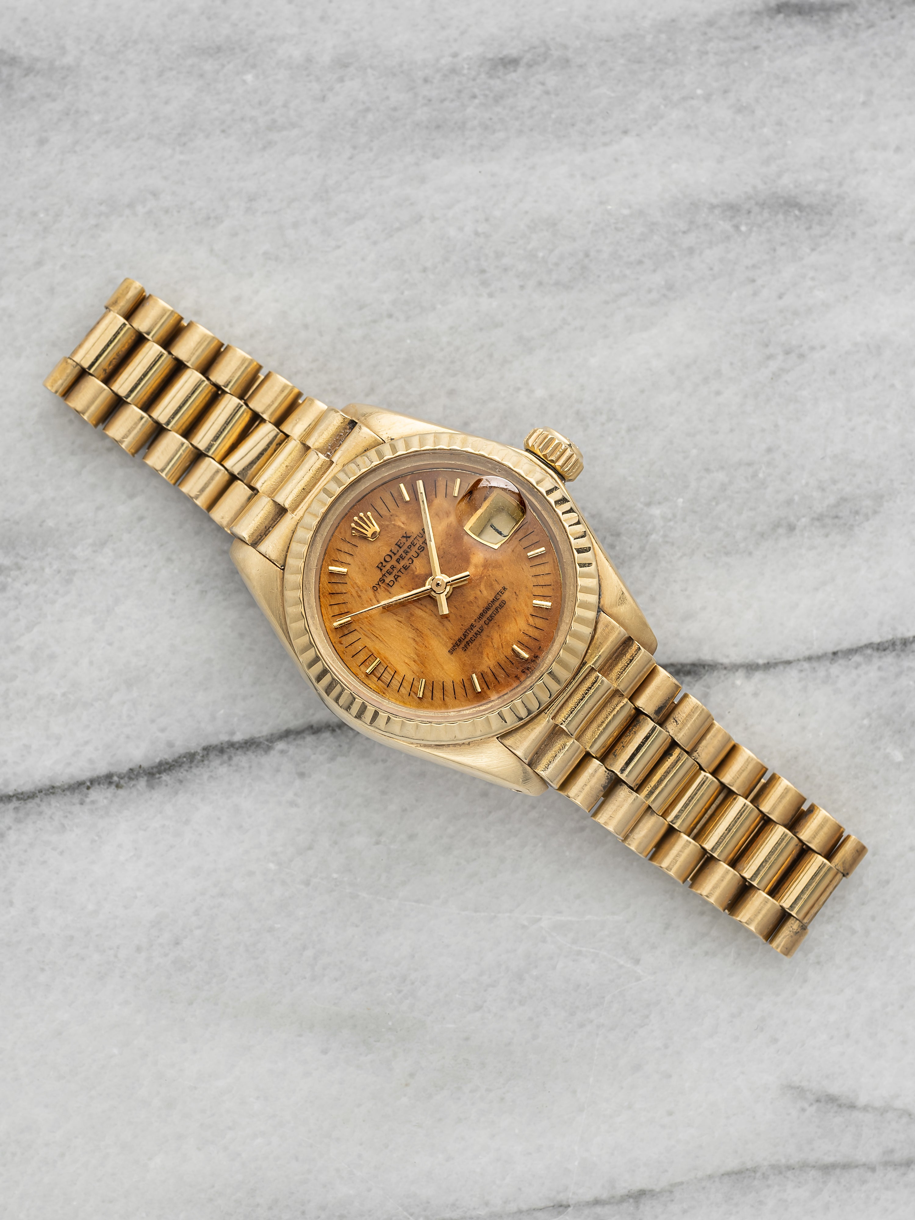 Vintage 1979 Rolex Datejust 69178 18K YG Walnut Burl Wood Dial Auto 26mm