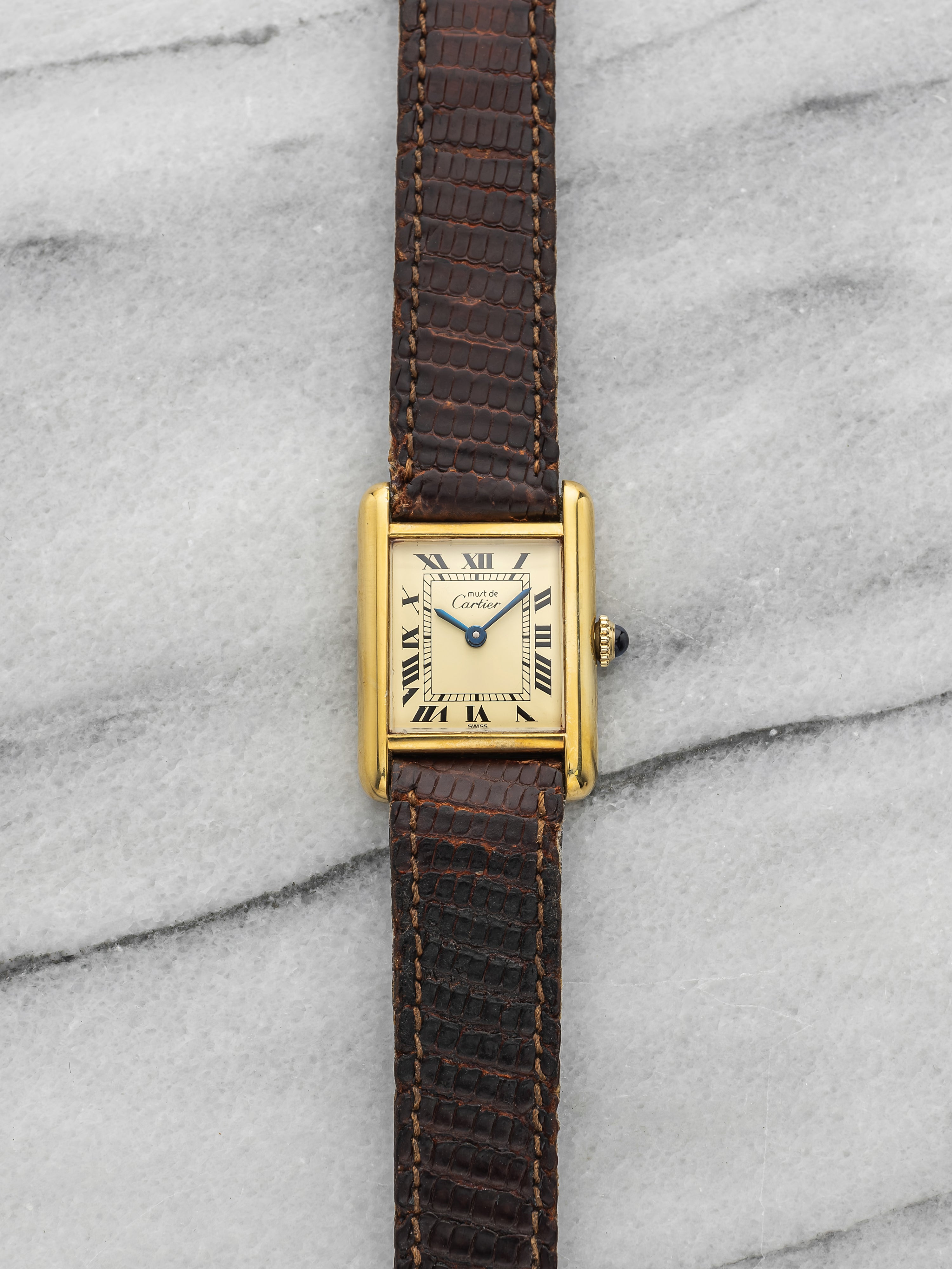 Vintage 1970s Cartier Tank Must Vermeil Roman Lemon Dial Manual