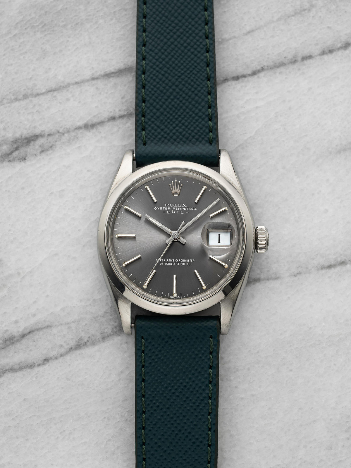 Vintage 1970s Rolex Oyster Perpetual Date 1500 Steel Grey Dial Auto 34mm