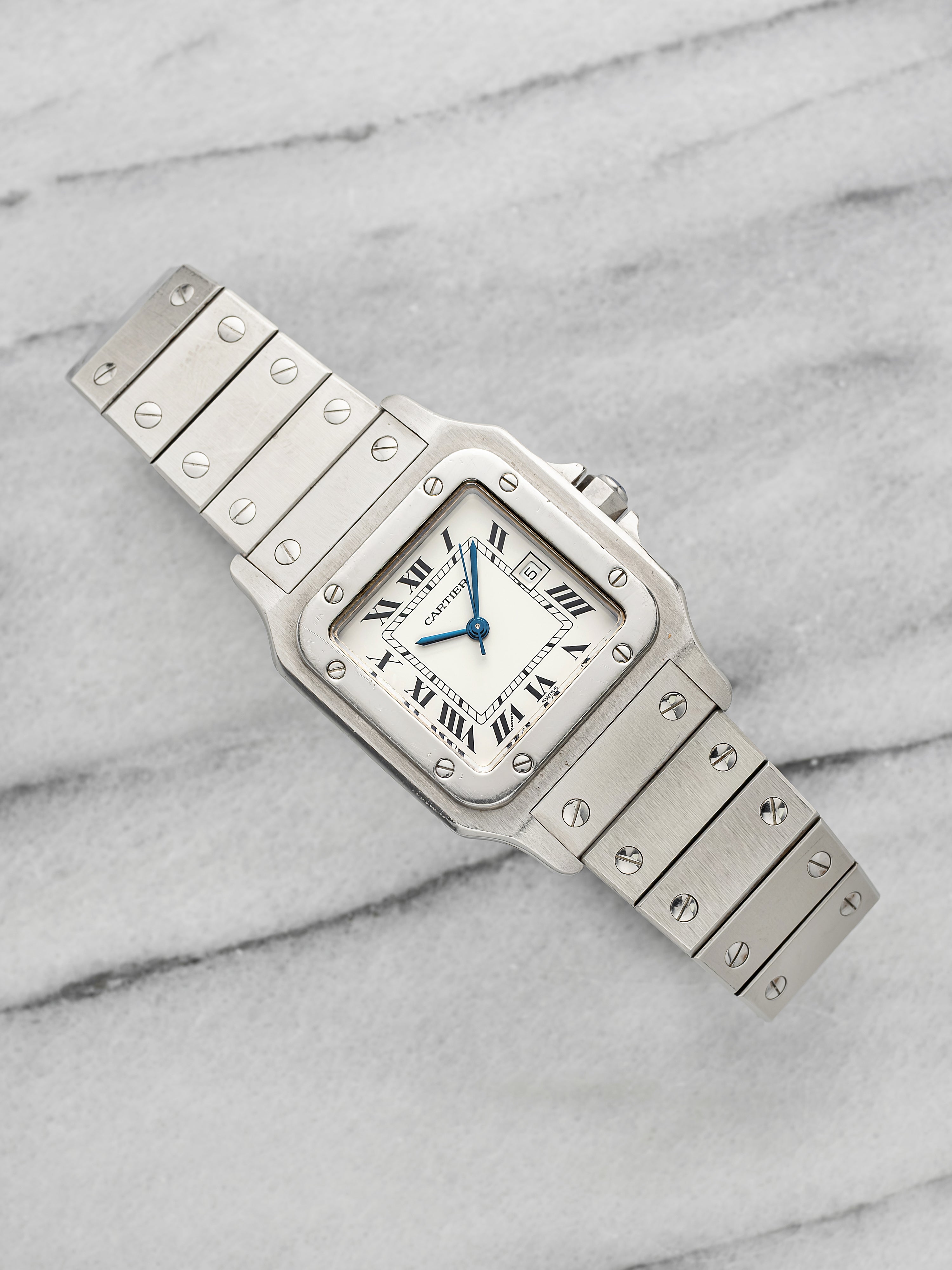Vintage 1980s Cartier Santos Carree 2960 Steel White Roman Dial Auto 29mm