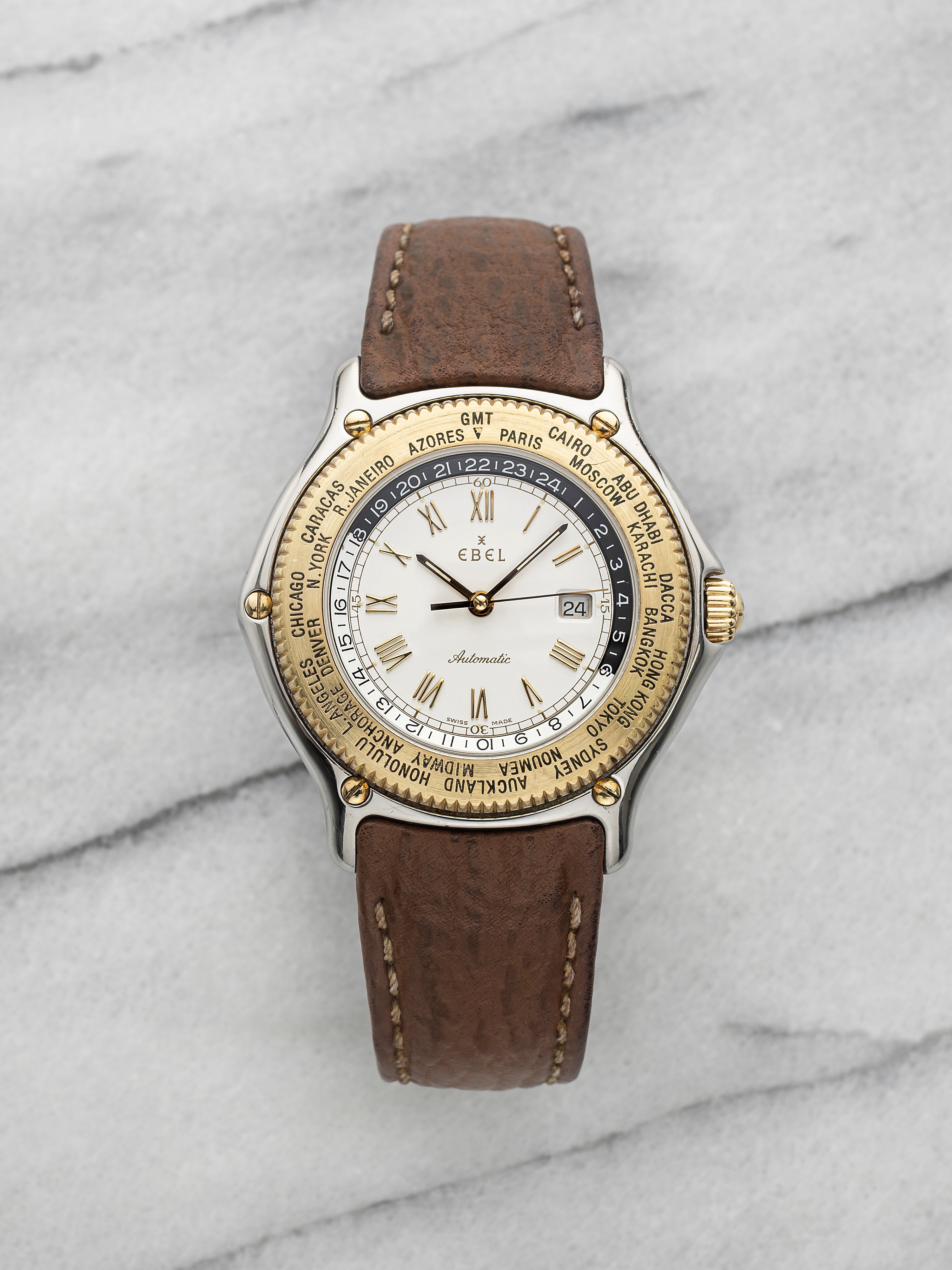 Vintage 1991 Ebel Voyager GMT 1124913 Two-Tone White Dial Automatic 38mm