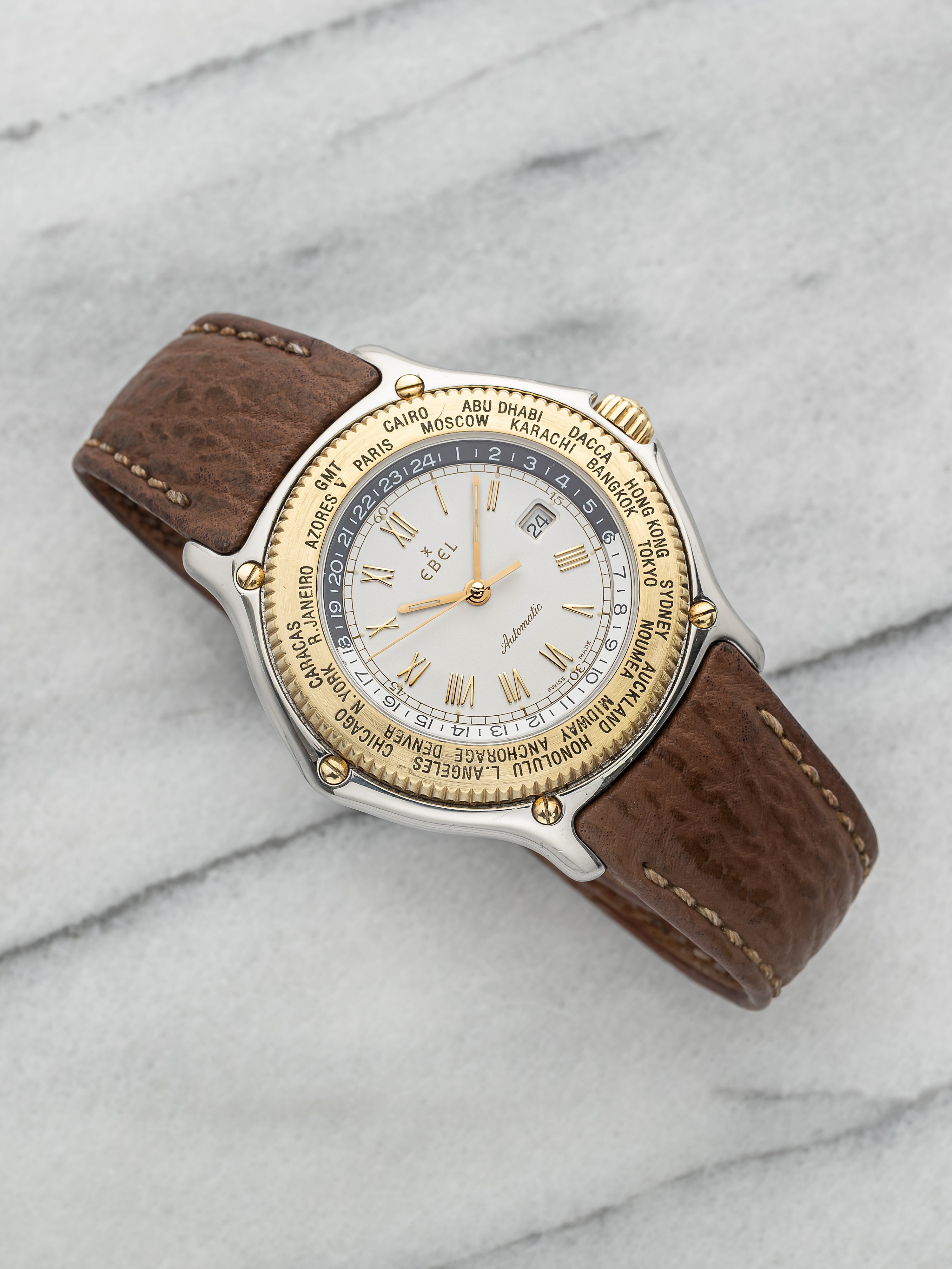 Vintage 1991 Ebel Voyager GMT 1124913 Two-Tone White Dial Automatic 38mm