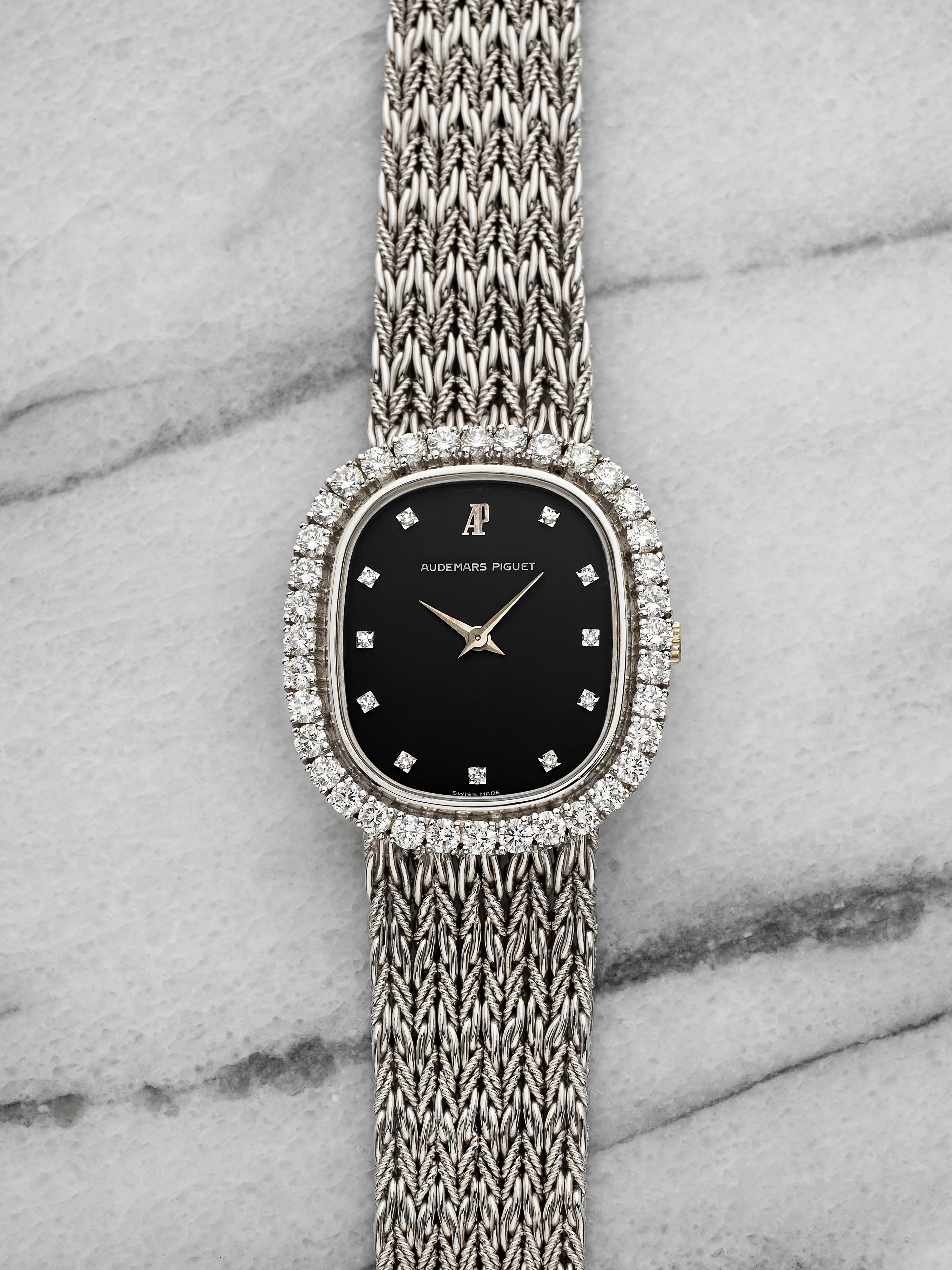 Vintage 1989 Audemars Piguet Ellipse 18K WG Black Diamond Dial Quartz 30 mm