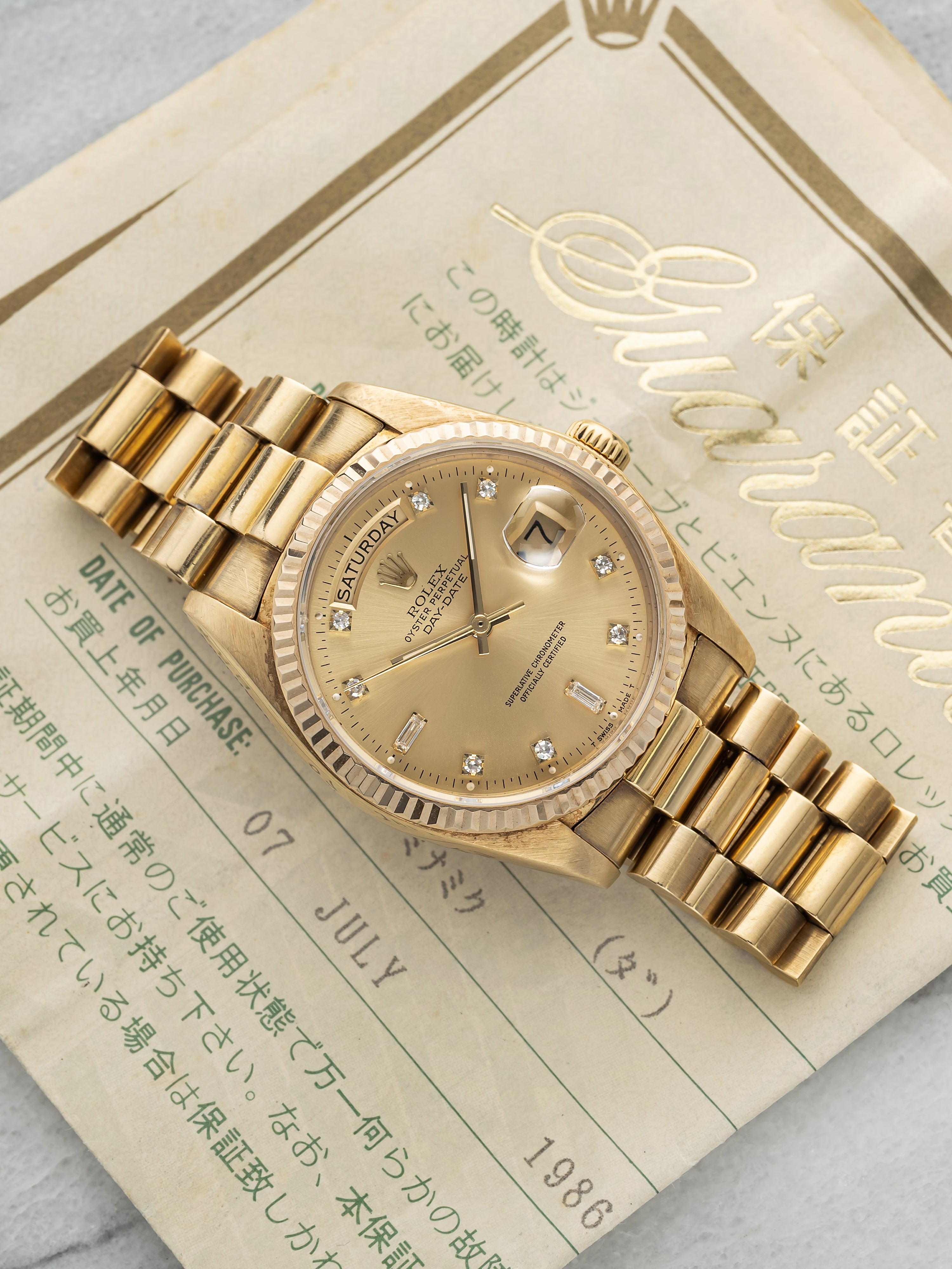 1986 Rolex Day-Date 18038 - 18K Yellow Gold Champagne Diamond Dial