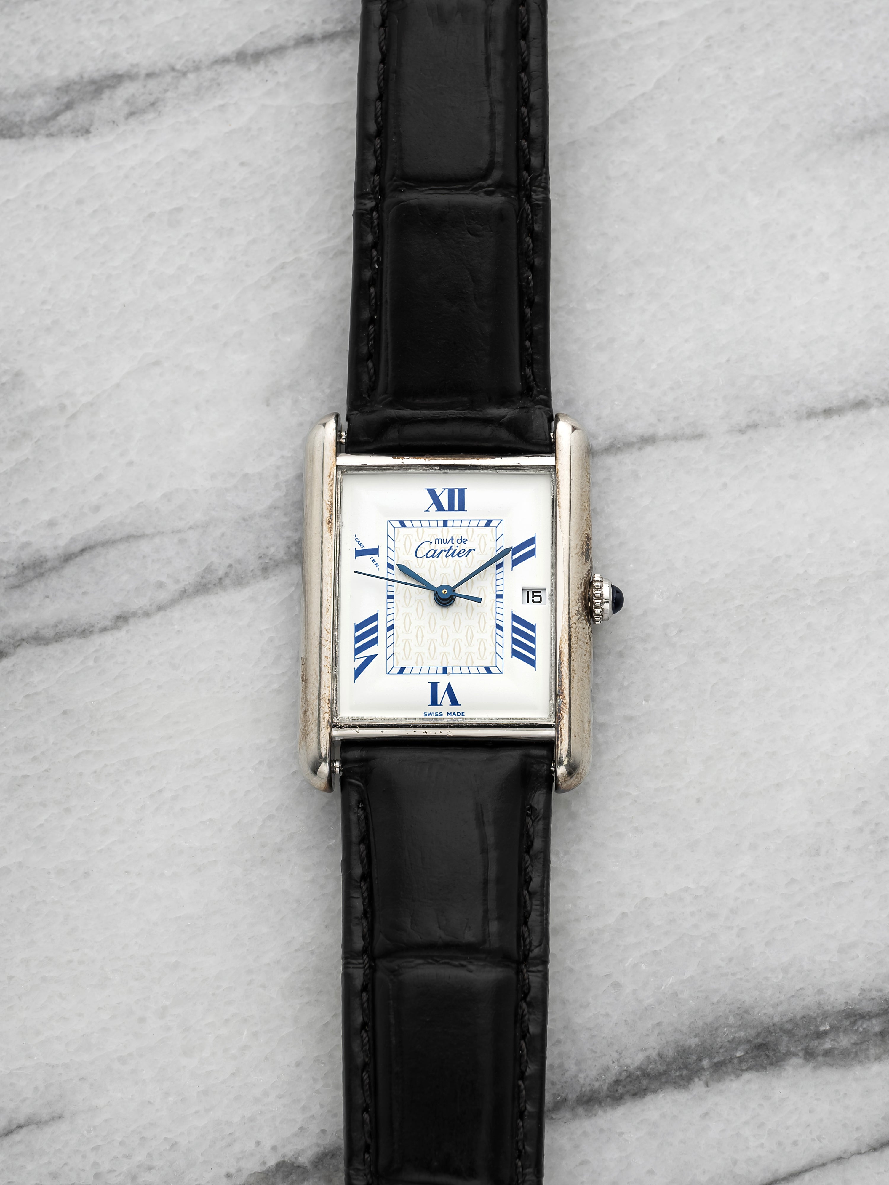 Vintage 1990s Cartier Must Tank Large 2414 Silver White Roman Dial Quartz 25 mm