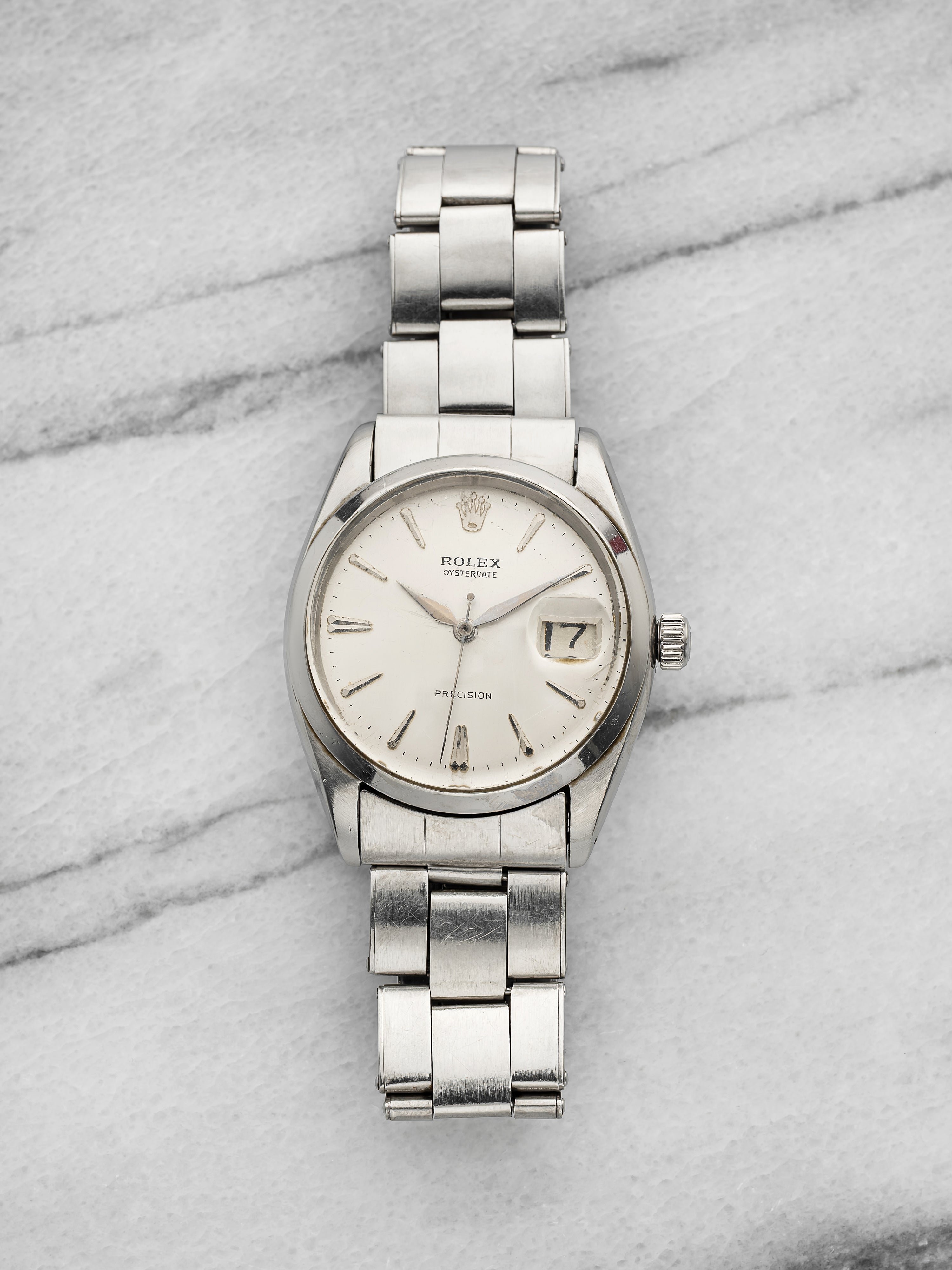 Vintage 1960s Rolex Oysterdate Precision 6694 Steel Silver Dial Manual 34mm
