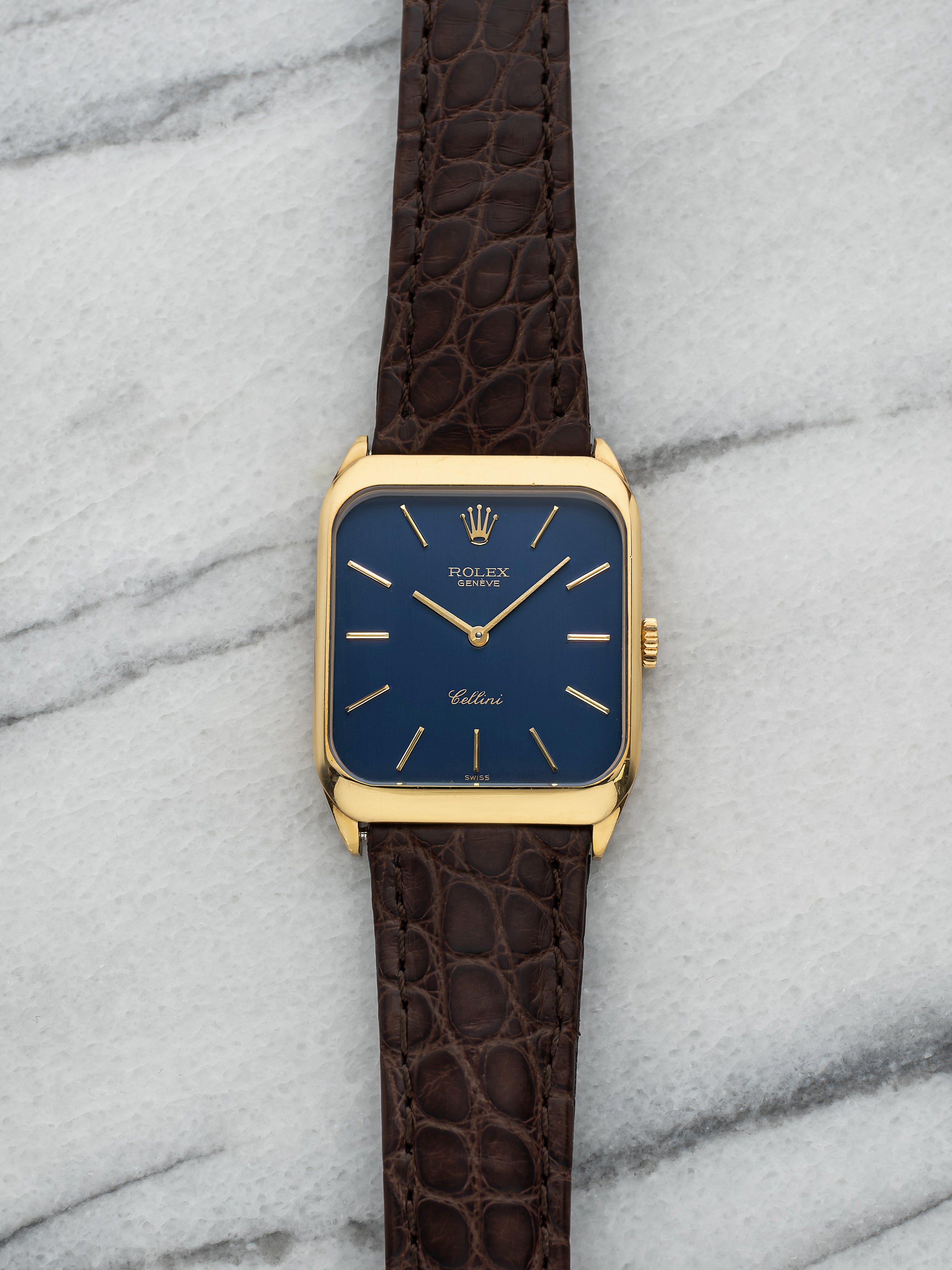 Vintage 1976 Rolex Cellini 4135 18K Yellow Gold Matte Blue Dial Manual 27mm