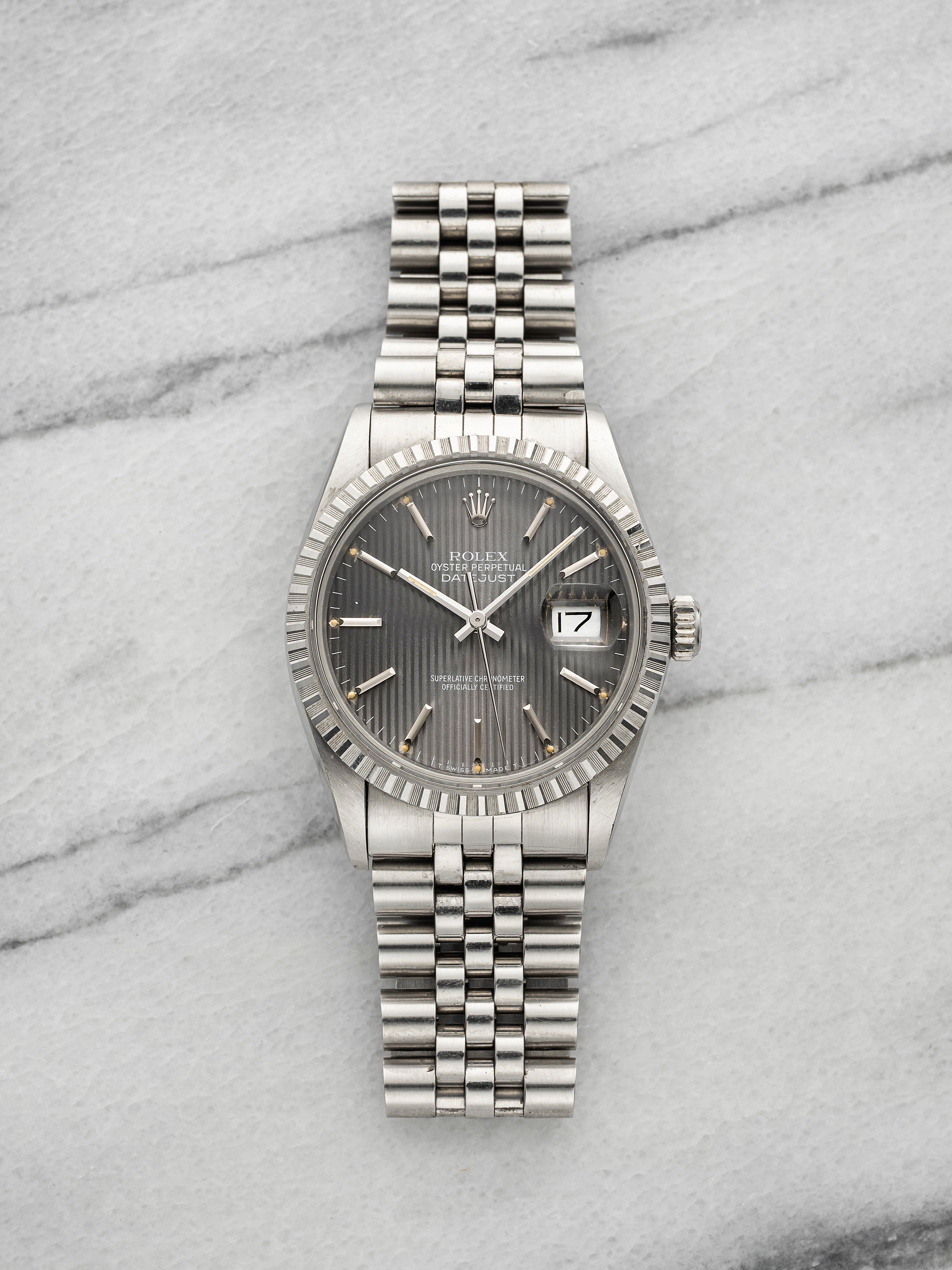 Vintage 1986 Rolex Datejust 16030 Stainless Steel Grey Tapestry Dial Auto 36mm
